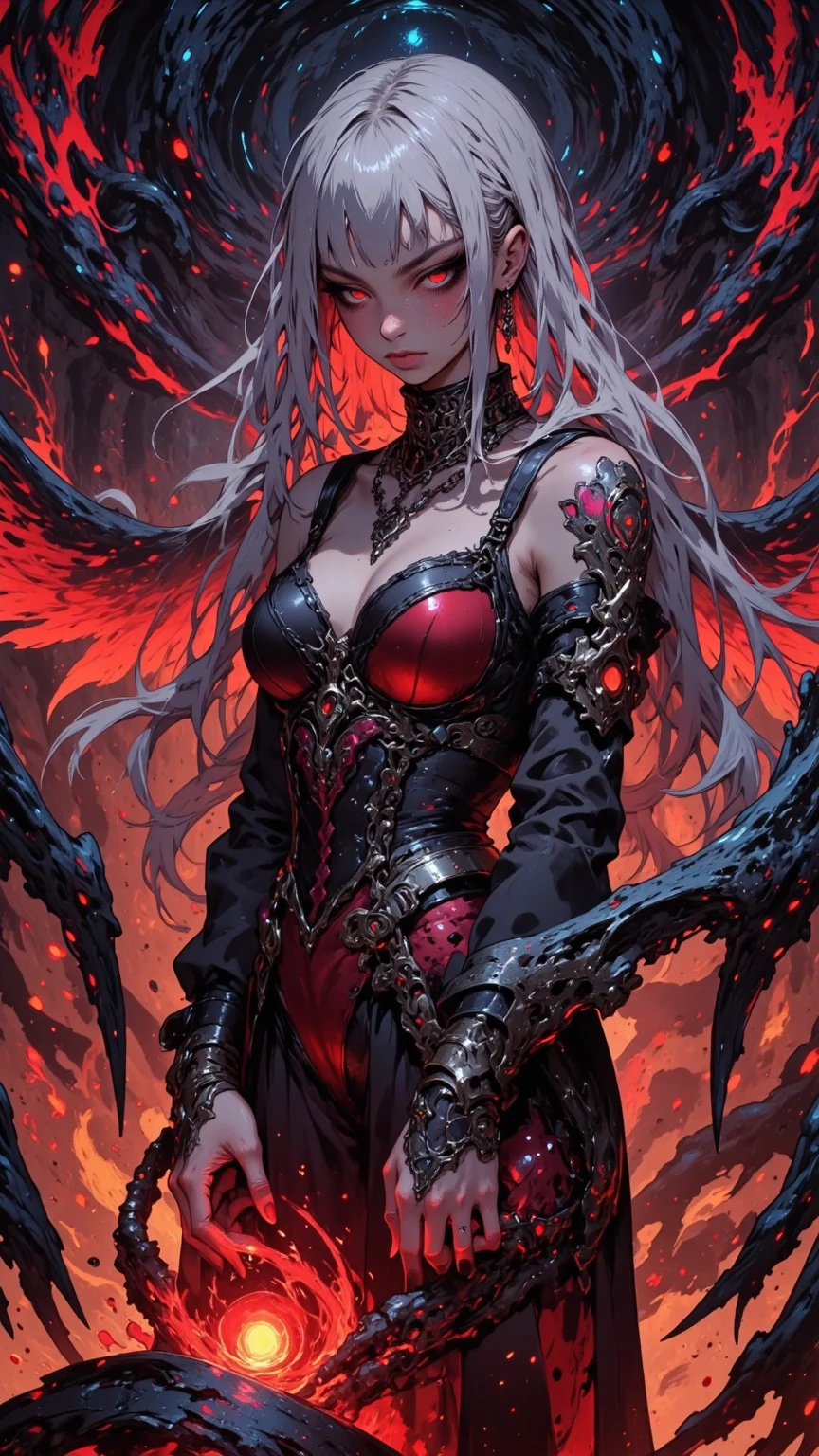 Eternal damnation,bloody evolution , creepy, smile, devil, madness, complex background,Thoughtful, intricate, extremely hyper-detailed, highly detailed watercolor manga painting, fantasy highly detailed, intricate detail, beautifully painted, intricately detailed, triadic colors, deep color, digital art, golden ratio, symetrical eyes, centered, highly detailed watercolor manga painting, surrealism, luminism, mystical, organ, viscera, clean fingers