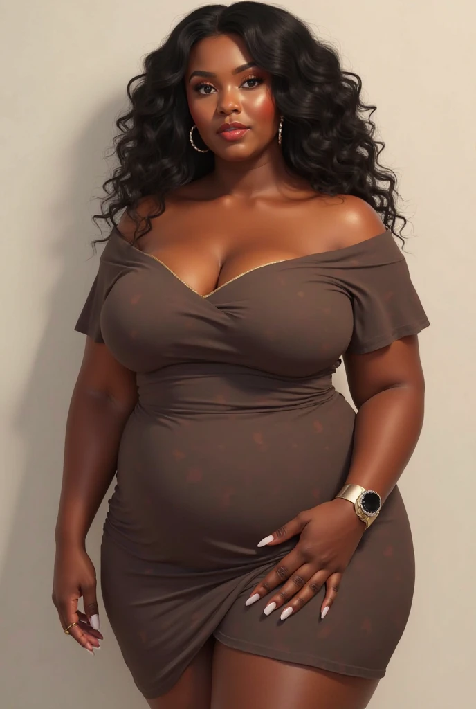 A gorgeous Woman, with a subtle and muted color palette, is captured in an 8k resolution, 70 mm frame. Her physique boasts a striking contrast, with a small waist giving way to gigantic breasts, enormous thighs, and hips that broaden to a curvaceous buttocks. Her dark skin shines under the soft, natural light, the swoon-worthy figure accentuated by the sweater dress she dons, leaving her seductive allure undeniable. Her pose is effortlessly alluring, her deep-set, mysterious eyes locked onto the viewer.