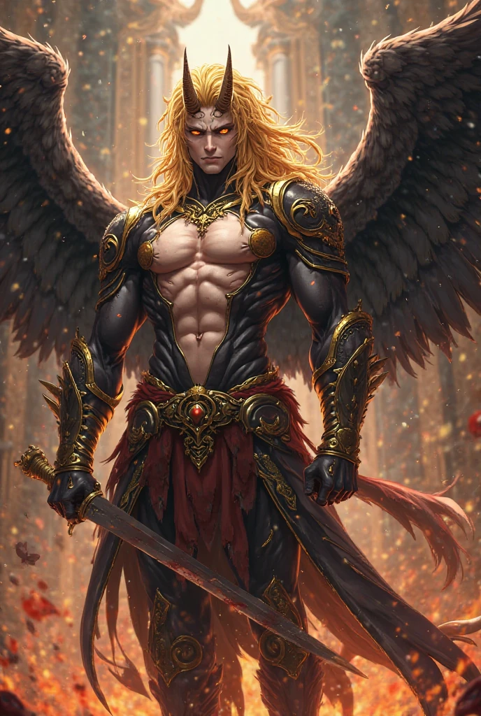 Work of art, (masterpiece), fantastic realism The archangel are Michael, Angel with very detailed feathered wings, haughty face blond hair, surrounded by demons from hell, black smoke from the ground, streets of hot lava. --auto --s2