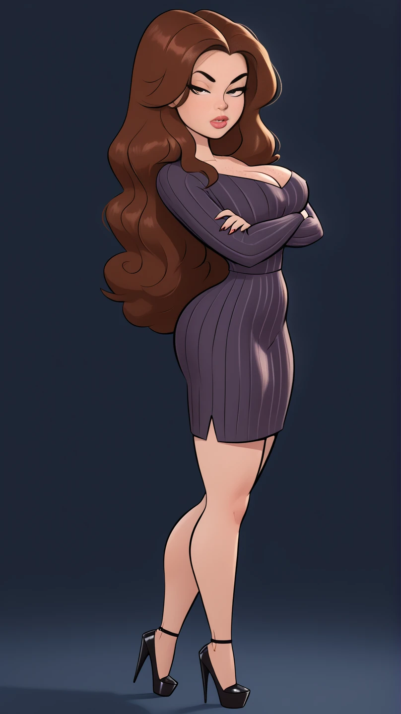 1girl, solo, (Brown hair, waist length very very long straight hair: 1.15), bimbo, freckles, wearing a tight long sleeve dress with red and black horizontal stripes, age 28, milf, voluptuous,, ( Masterpiece, 4k resolution, ultra-realistic, very detailed) thick fluffy brunette hair, curvy bodytype, seductive look, toned body heels, seducing look, arms crossed, attitude, large round breasts, simple background