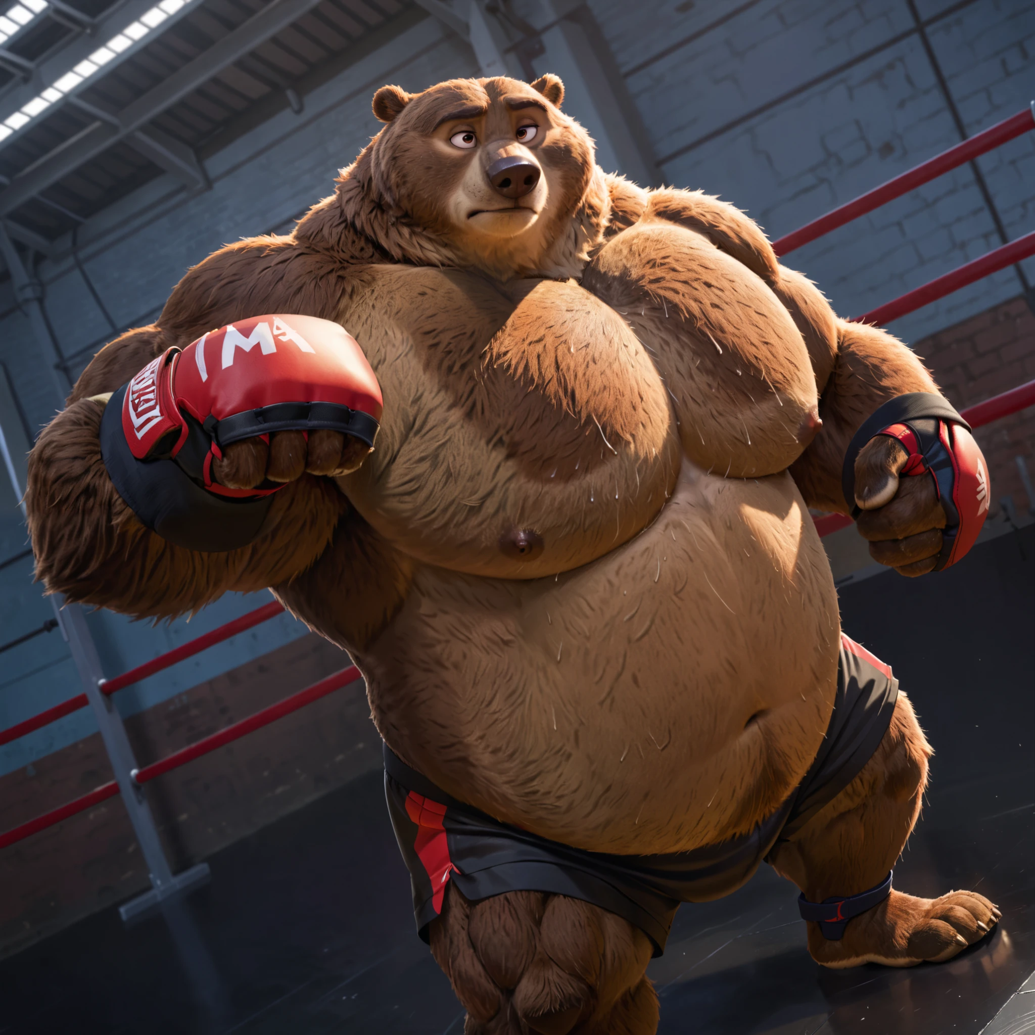 Solo, 1boy, Muscular Old, grunting, frustration glare, focus, look at viewer, wide shoulder, pectoral, thick arms, huge pectoral, wide pectoral, brown nose, height: 220cm, weight: 440lbs, a Kodiak brown bear in a black MMA shorts with red slits, wearing an MMA gloves with red knuckle pads and an ankle support brace as he workouts in the gymnasium warehouse, Walt Disney 2D Zootopia Animation Art Style,