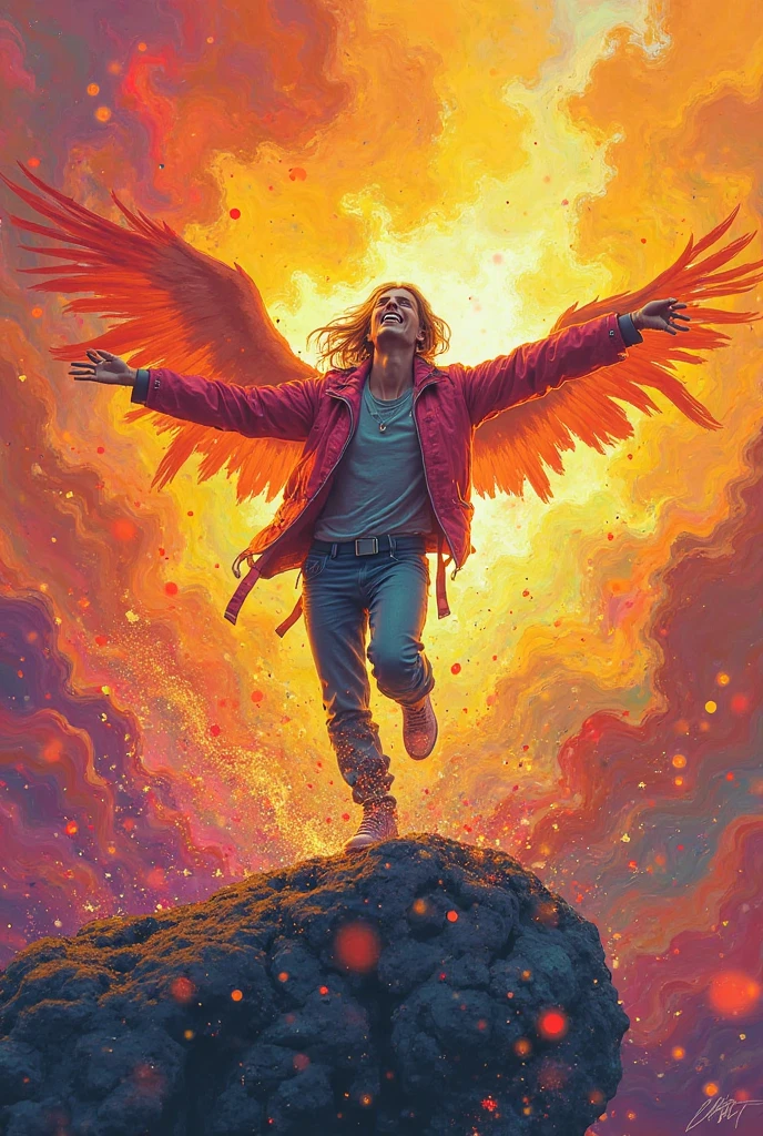 high resolution、8k、Detailed depiction、Real、Realistic、Realistic、White male、Skinny、tall、Long legs、middle aged、Blonde、Both sides are peeled off, like a pineapple、Spiky Hair、open brests、((A tattoo of a cross and a U in the center of his chest))、Purple Shirt、Light blue waistband、Black shorts、Sandals、gun belt、Both hands are wings of blue flame、Floating in the sky、((Square Glasses))、Stubble