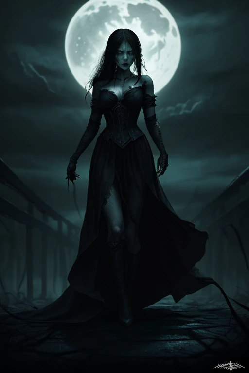 In the night graveyard near the open coffin standing beatiful pale bride female, she have pale skin, beatiful face with silver eyes dark red lipstick black eyeshadows and black tear trace on her face, her haie is black as the darkest night, she dressed in old wedding dress with holes and blood stains and bare feets, in her hands she holding withered black rose bouquet, she have greennish glow aura around her, there is blood moon in the sky,(ultra high quality fantasy art, ghothic dark fantasy style, masterpiece, ultra high quality character design, 8k quality anime art, realistic anime art, top quality wallpaper illustration, detailed ultra high quality accurate face, high quality design and accurate physic)