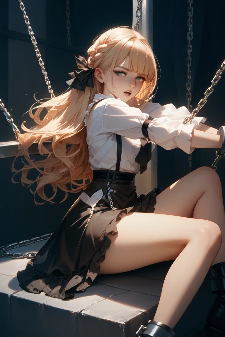 ,long hair,straight_hair,bright_pupils,cleavage,slender_waist,ankle_boots,elbow_gloves,1girl,white_pantyhose,lace,