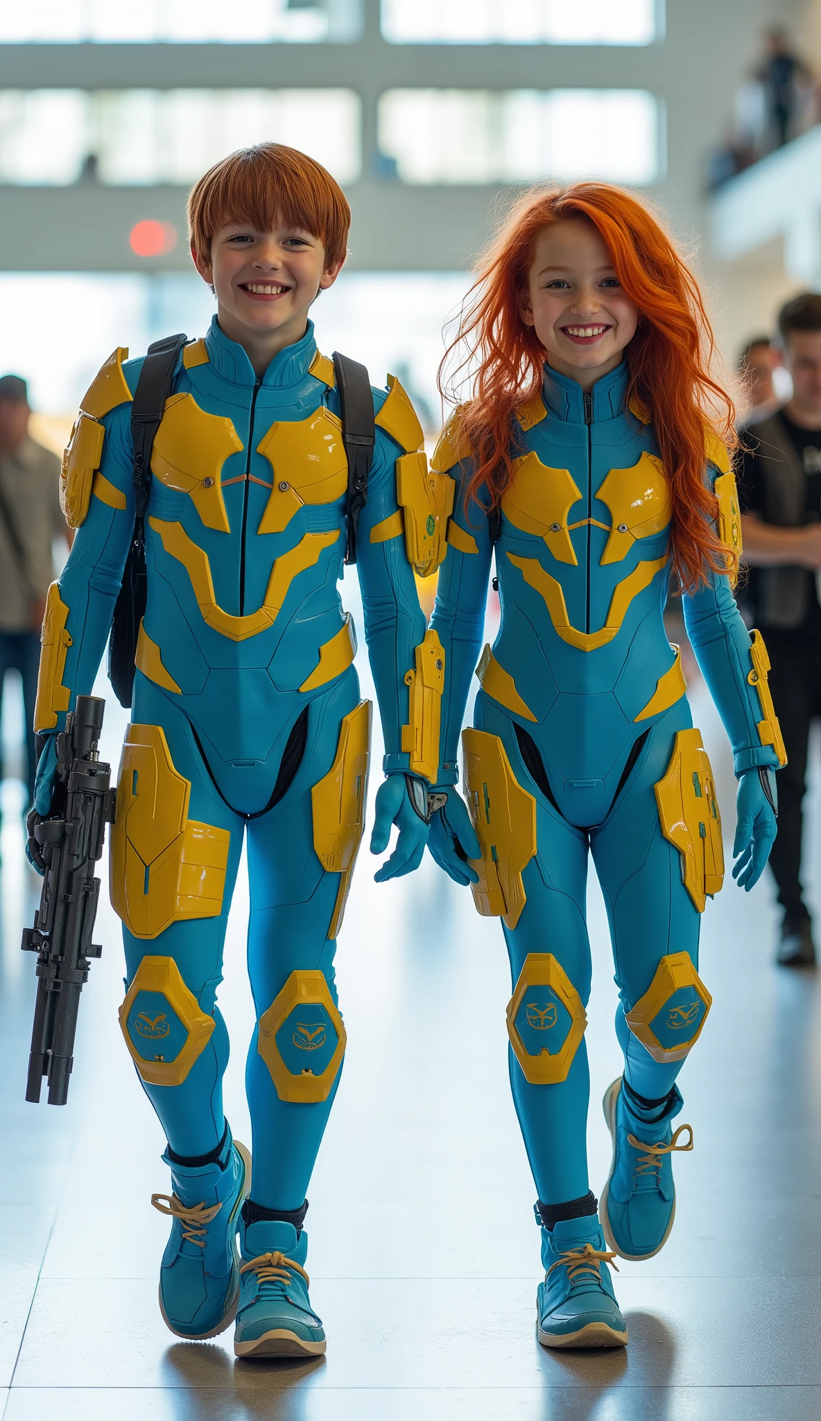 character: 1 boy, and 1 girl. They have red hair.
action: Walk straight and look straight ahead.
Expression : smiling.
Costume : they Wearing light blue ironman with yellow futuristik armor. They both held laser rifles.
Background : A bright indoor public space , with people vaguely seen in the distance, shows that this picture was taken at a fun event or get-together, maybe a convention or costume . They radiate happiness as they walk confidently in their superhero costumes. Show the whole body.