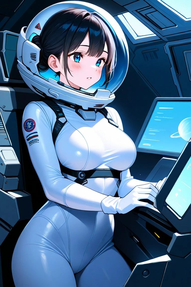 Girl with huge breasts wearing an astronaut suit and helmet with neon decorations in space
