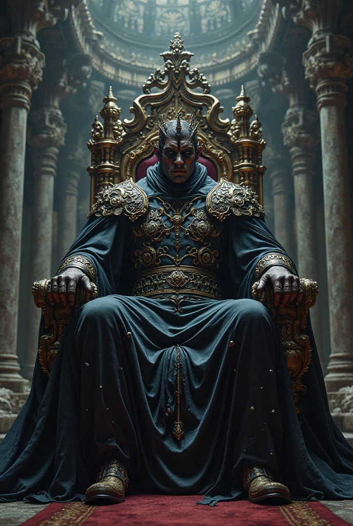 Best quality, masterpiece, black skin, silver tattoos on face and skin, wearing ornate and intricate black clothes, western ancient black kingdom interior background, expressionless, wearing a crown, detailed image texture, creepy, scary, creepy atmosphere (not AI image), cloudy weather, low color image, creepy, delicate skin expression, rough texture image, sitting
