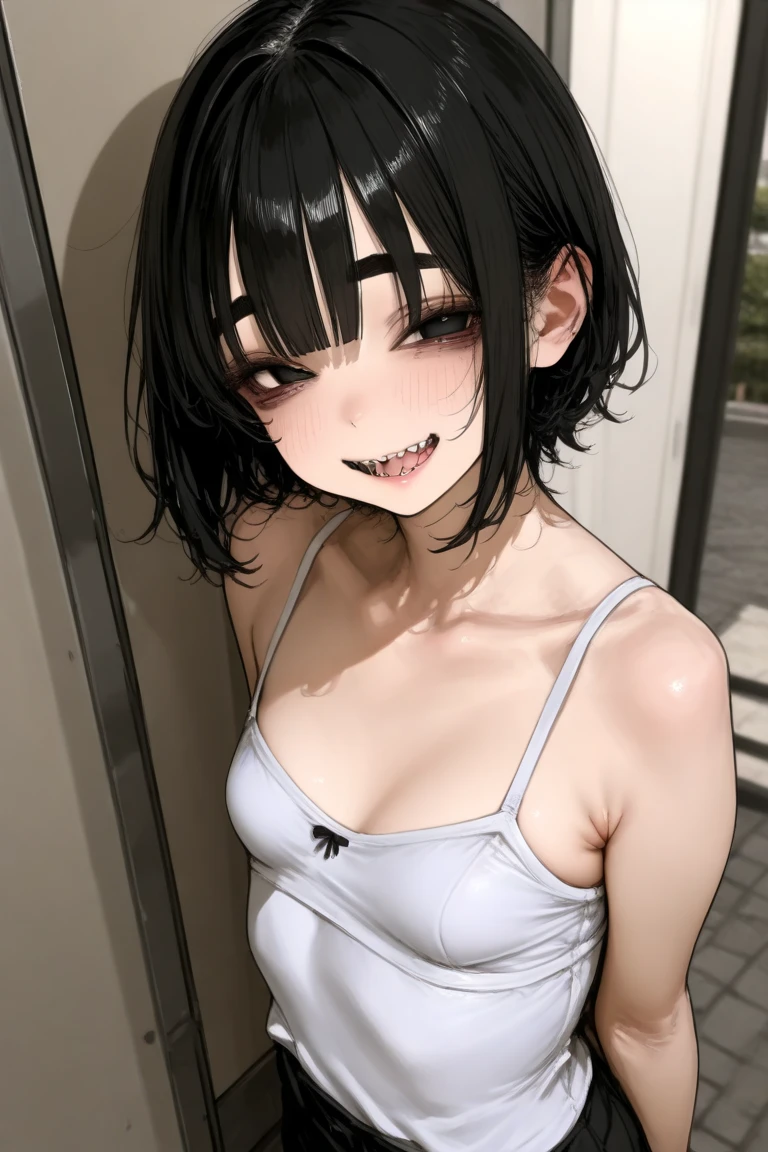 side view,eye-level shot,face focus,open mouth,tongue out,cum on tongue,lick,(1girl,Beautiful 16 year old girl),((Slender,Small breasts,Baby Face,Small face,)),looking at viewer,Black Hair,bangs,two side up,Gray Eyes,Drooping eyes,slit pupils,narrow eyes,collarbone,Black mini dress,bare shoulder,Beautiful and detailed anime art,Mischievous smile,Dimly lit room,Simple Background,Gray background,Low lighting
