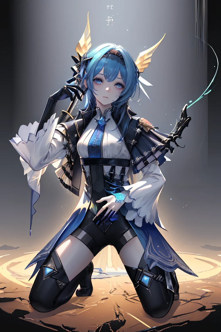 (Masterpiece, Best Quality 1.2),a girl ,euladef, solo, blue hair, blue tie, purple eyes, reflection, looking at the audience, Facing the audience,beautiful, Over-the-knee boots,boots, high heels, beautiful (detailed eyes, detailed face 1.3), sitting on chair, chair, legs open, M word leg open, masturbation, masturbation, hands on the crotch, lewdness, (kinky water: 1.8), (kinky water under the crotch: 1.8),saliva trail,(sexual secretion:1.3),(nsfw1.1)