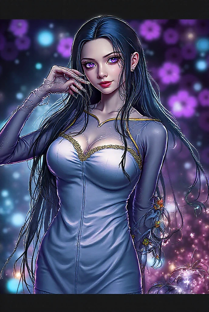 Ai has long, shiny black hair, with blue highlights, and large, expressive purple eyes. She is always seen with a charming smile, which is your trademark. Your dress style varies depending on your presentations, but out of the spotlight, prefers comfortable and casual clothes.