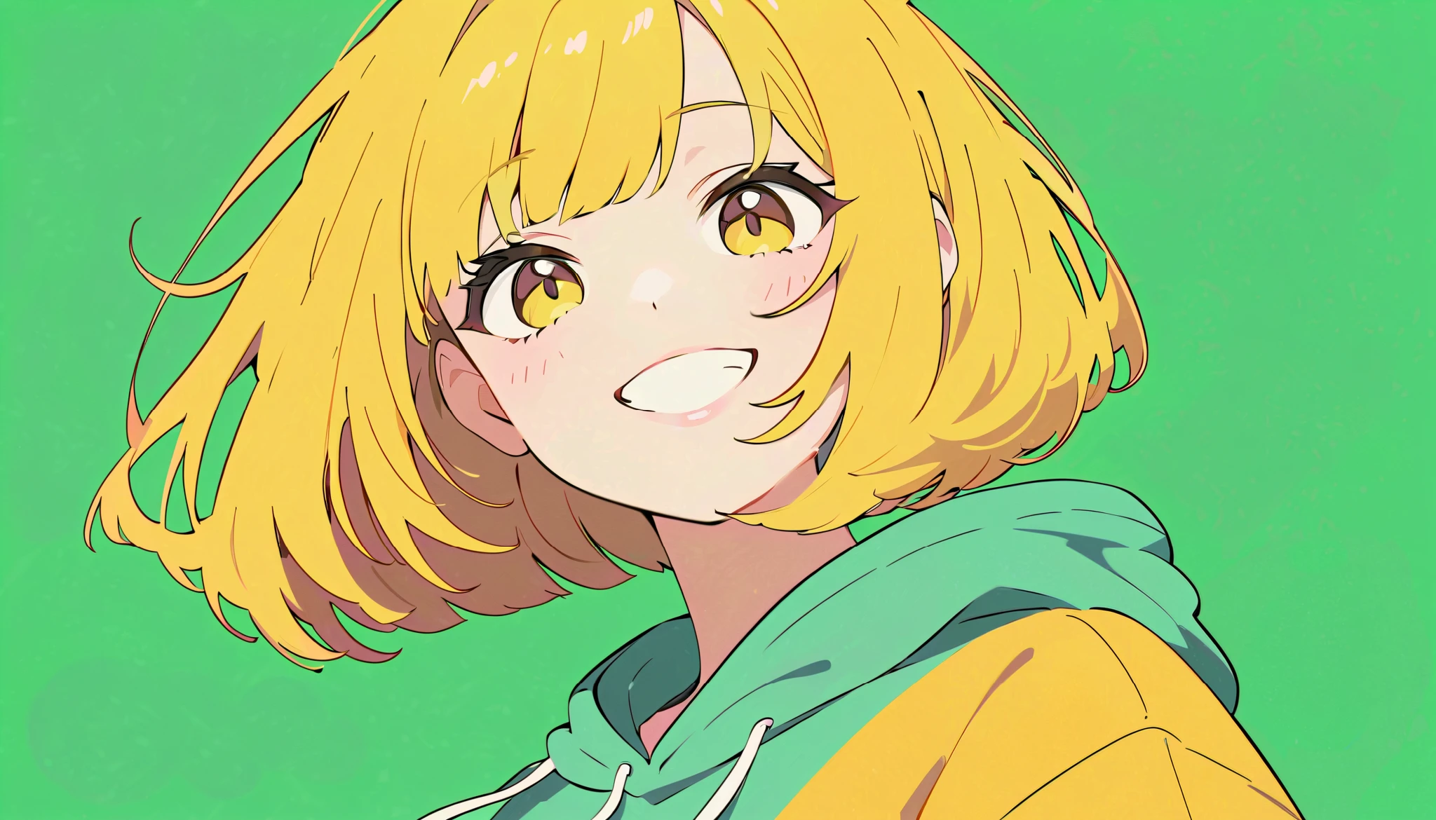 flat color,
1girl, solo,
yellow hair, bob cut, yellow eyes,
big smile, upper body,
from below, hoodie,
simple background, green background,