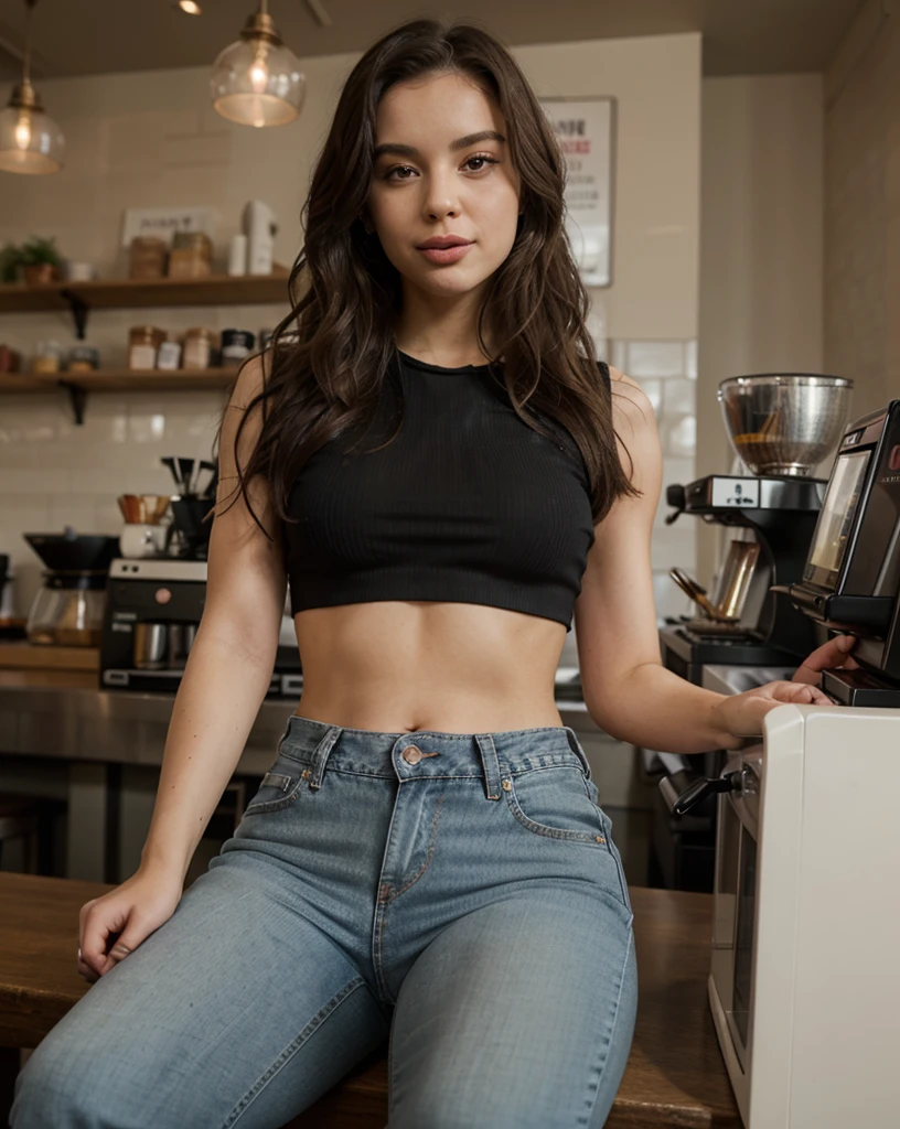 Indian girl, purple eyes, realistic body and face, sexy waist, gorgeous, wearing crop tank top
and shorts, inside cafe holding a cup of coffee , sitting, night ultra gorgeous, humanistic, cute, desi girl, light brown hair
