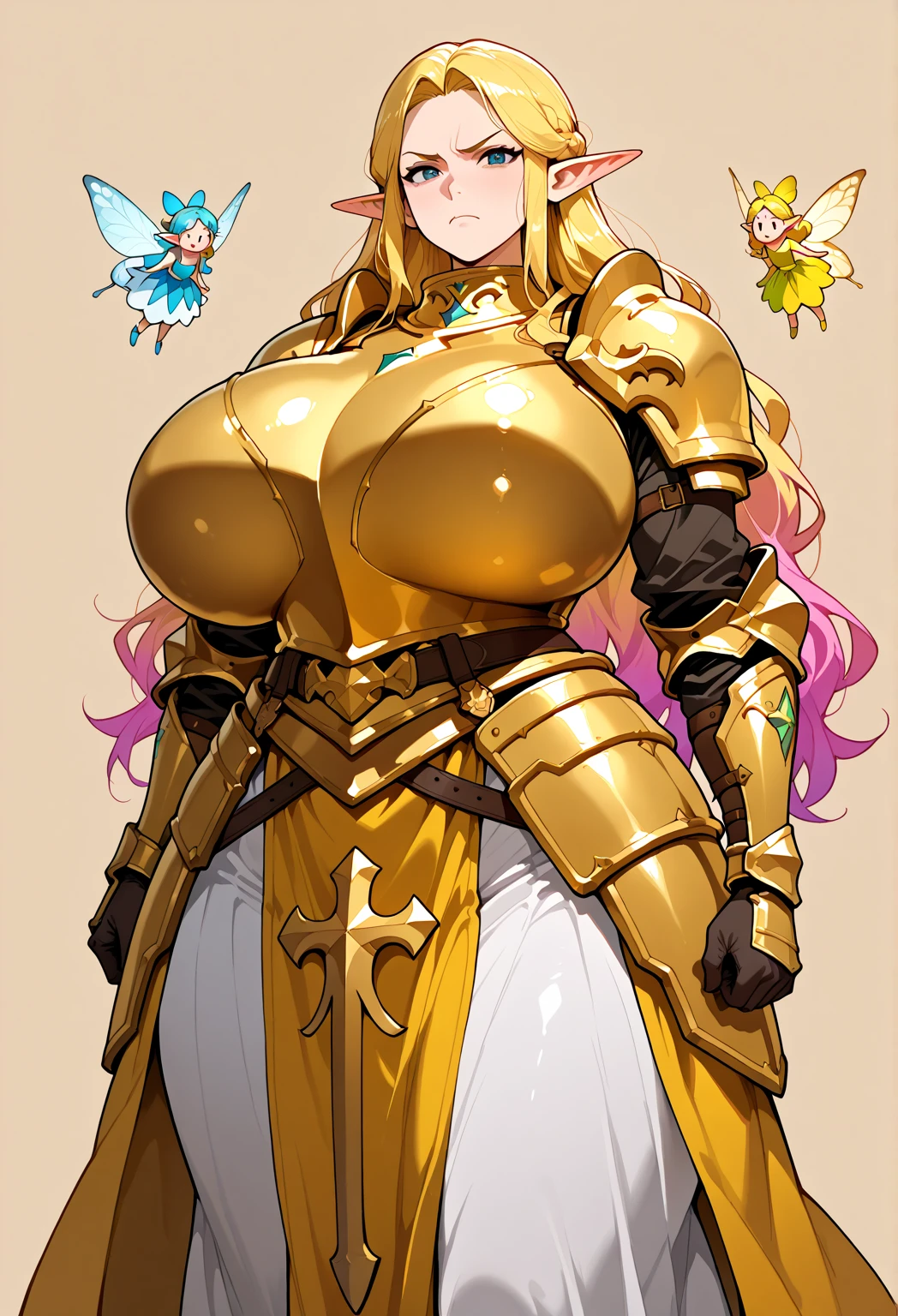 "(masterpiece:1.1), best quality,
1girl, (80s anime style:1.3), (eyelashes:1.5), (loli:1.2),
(intricate high detailed body:1.2),
(blonde hair:1.1), (bangs:1.1), (long hair, drill hair:1.2), (hair ribbon:1.2),
blue eyes, (lip stick:1.3),
(gigantic breasts:1.5),
(happy, smile:1.2), (blush:1.1), open mouth,
(lace leotard armor, criss-cross halter:1.2),
(knight armor, armored boots:1.2), (frill:1.1), (earrings:1.1), neckwear,
standing,
(upper body, cowboy shot, looking at viewer, from front:1.1),
(daytime, grassland, outdoors:1.1)"