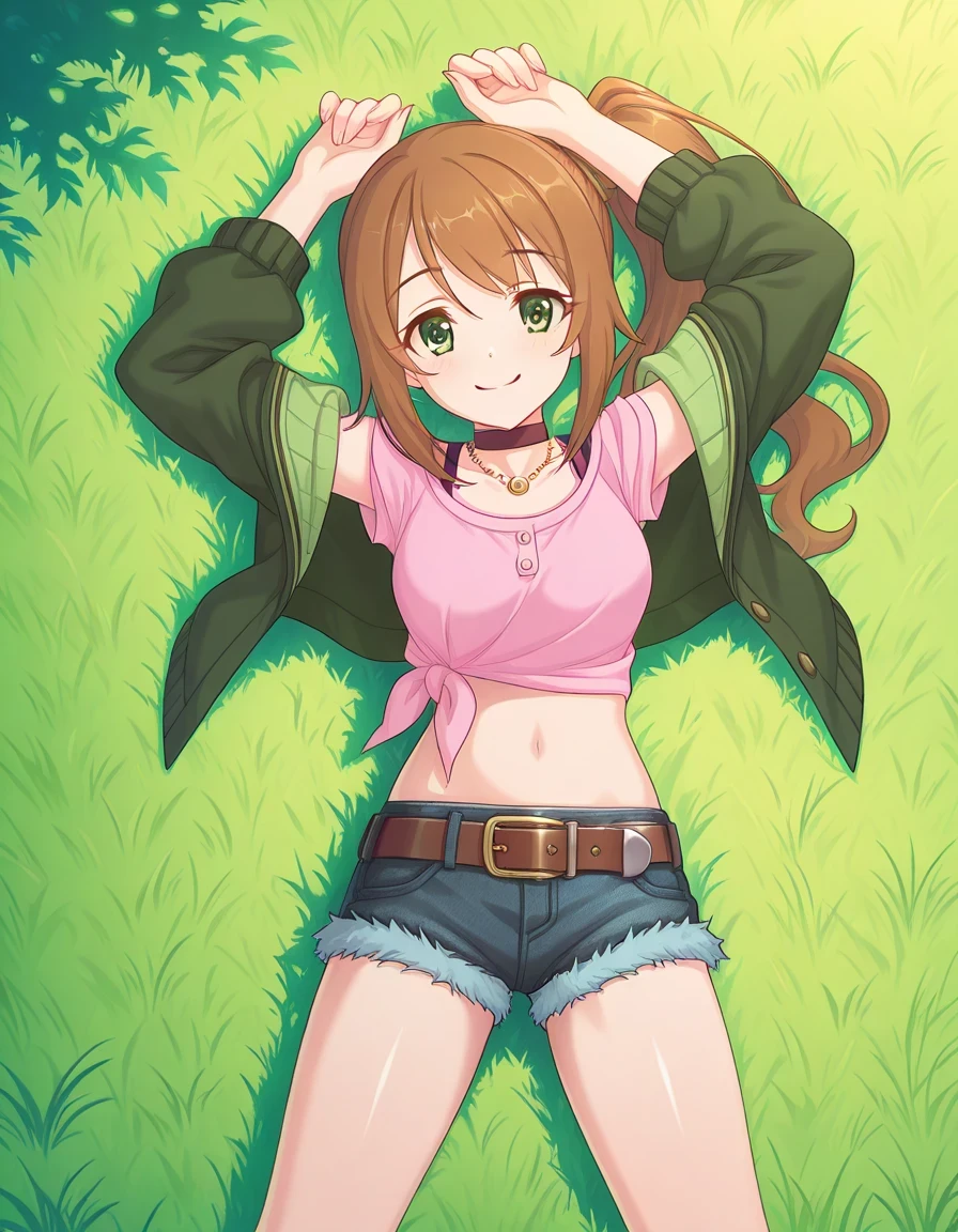chloerealPCR, long hair, brown hair, long sleeves, navel, jewelry, green eyes, collarbone, open clothes, choker, midriff, necklace, off shoulder, side ponytail, open jacket, crop top, short shorts, denim shorts, pink shirt, green jacket, brown belt, tied shirt, cutoffs, anime screencap, shiny skin, high quality, solo, lying, on back, arms up, legs apart, closed mouth, on grass, from above, three-quarter portrait, looking at viewer, smile, best quality,