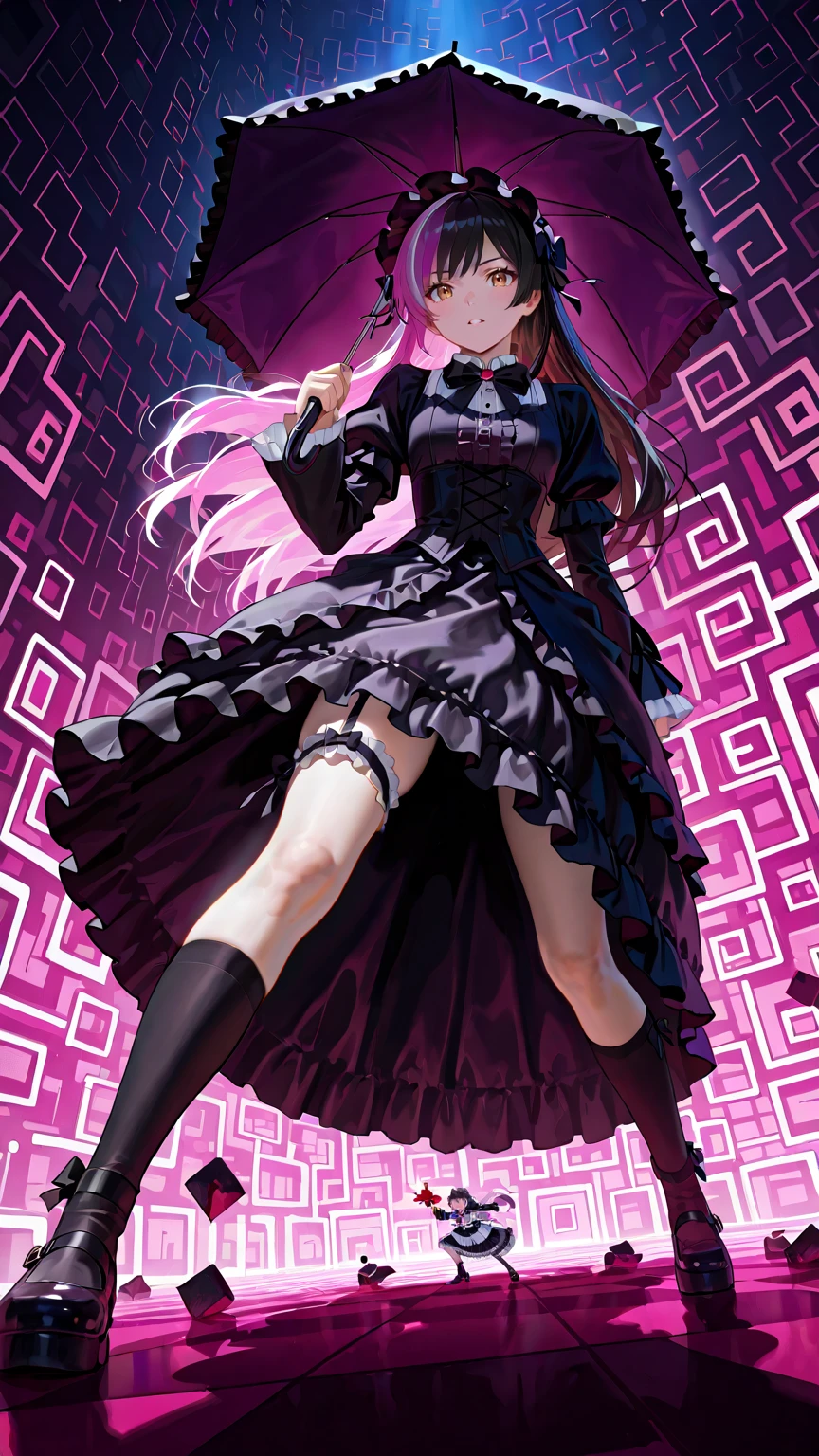 Black color hair,Pink pupils,Hair and waist length,((In pink))Long sleeve chest cross skirt,There are chains on the clothes,Black cat ears,There is love in the eyes,Toothy smile,pink back ground,Full body standing painting,leg loops