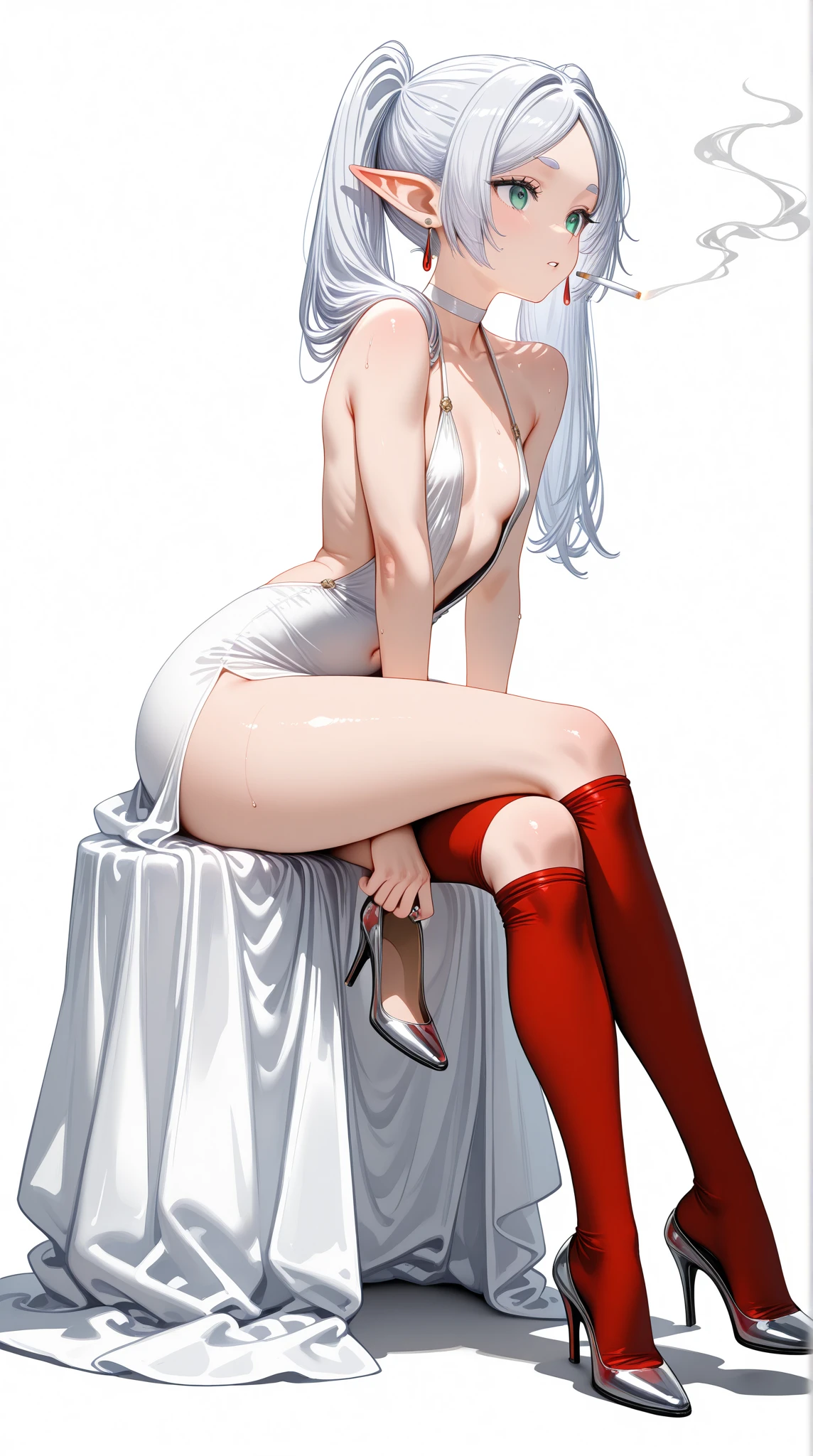 Character (hair bangs) (white long hair) (white pale skin) (battle nun-style clothing) (red clothing) (character in dynamic pose) (butt taken)