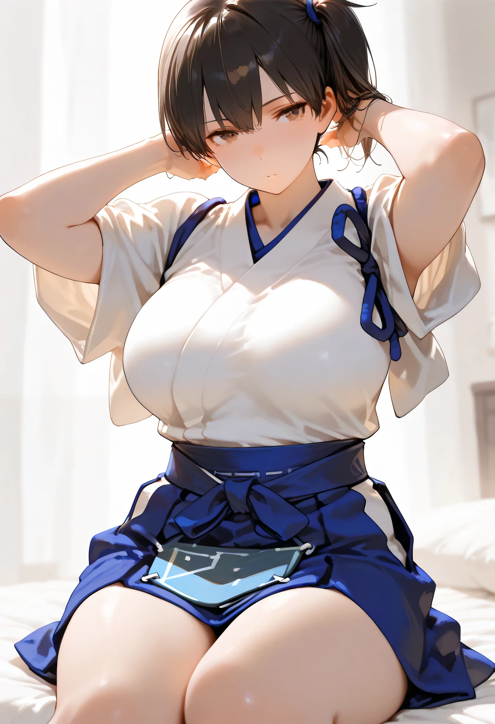 masterpiece, best quality, ultra-detailed, Potrait of beautiful , (chubby) (muscular), (plump), (sexly), (cleavage), ((tomboy)), (アニメ), (Breasts), (Plump), ((very short hair)), ((Uzaki Hana)), (overweight), (Gray Hair) (Wearing white clothes), (nipples), ((Saggy breasts)), (blue eyes), (Short Hair), (blue eyes), ((thick)), (sleeves are blue), (Short sleeve)
