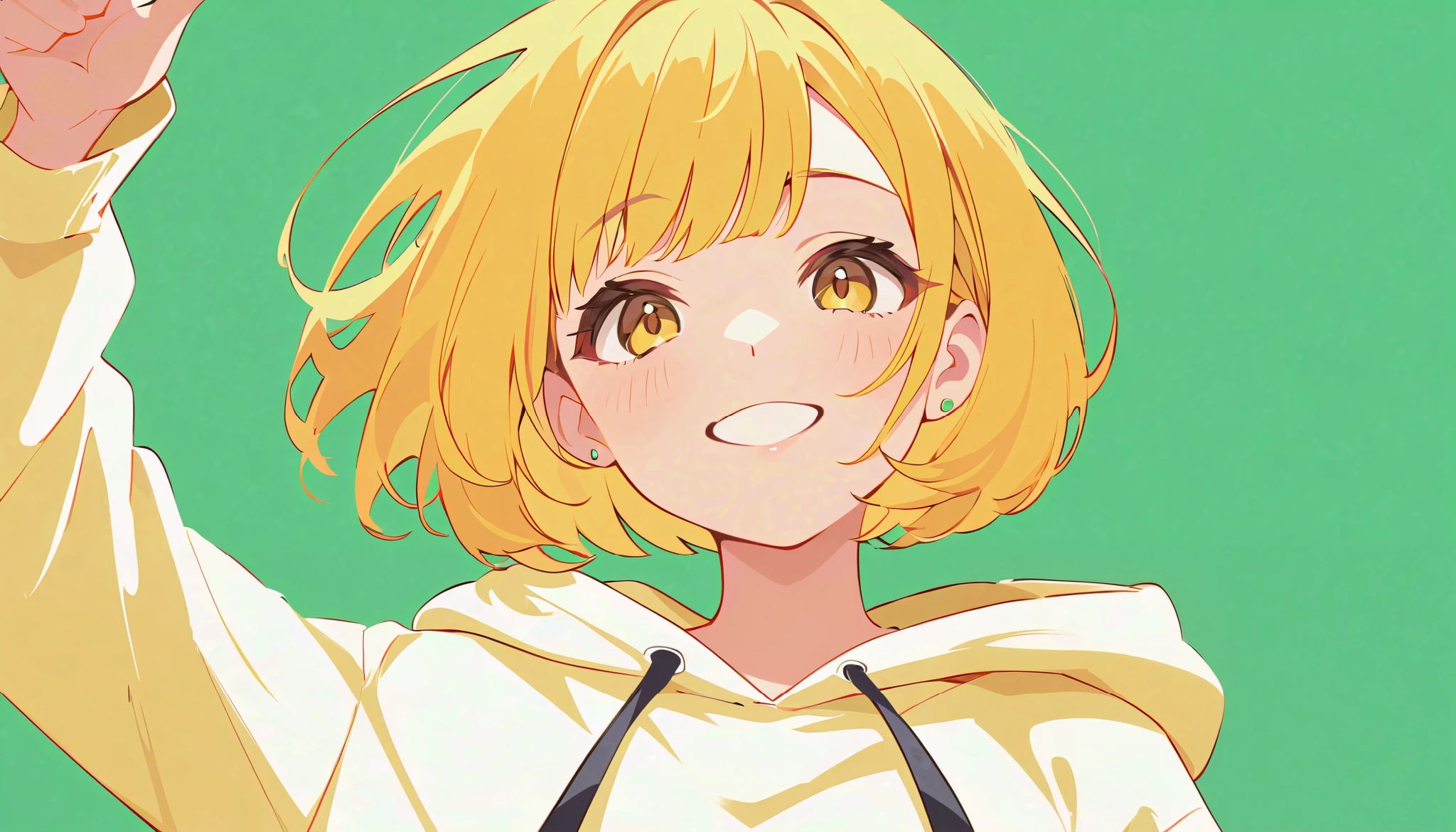 flat color,
1girl, solo,
yellow hair, bob cut, yellow eyes,
big smile, upper body,
from below, hoodie,
simple background, green background,