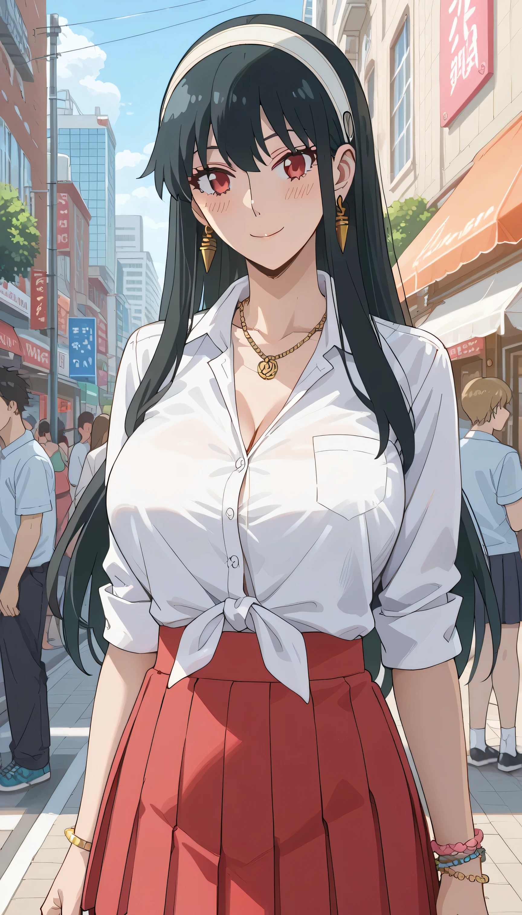SimplePositiveXLv2, yor briar, black hair, red eyes, earrings, white hairband, hairband, long hair, sidelocks, sidelocks, score_9, score_8_up, score_7_up, source_anime, masterpiece,best quality, huge breasts, collared shirt, tied shirt, pleated skirt, flashy gyaru, happy, showy,too many accessories, colorful , kogal, kogal gyaru, necklace, earrings, bracelet, navel, midriff, street city background,
