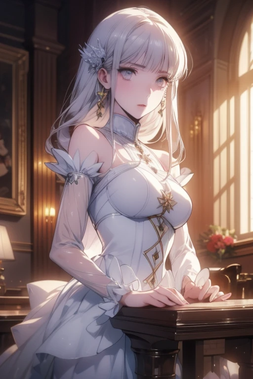 Absolutely beautiful cat lady, perfect slim body, mature royal sister, gray hair, royal sister face, maid outfit, sexy and alluring, beautiful face, bust, 4K picture quality, big body, feminine expression, blush shyness, outrageously large bust, deep eyes, open clothes