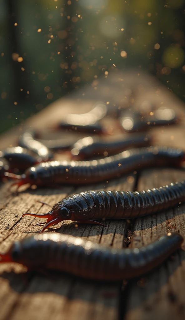 A detailed close-ups scene of several leeches on an aged wooden surface ...