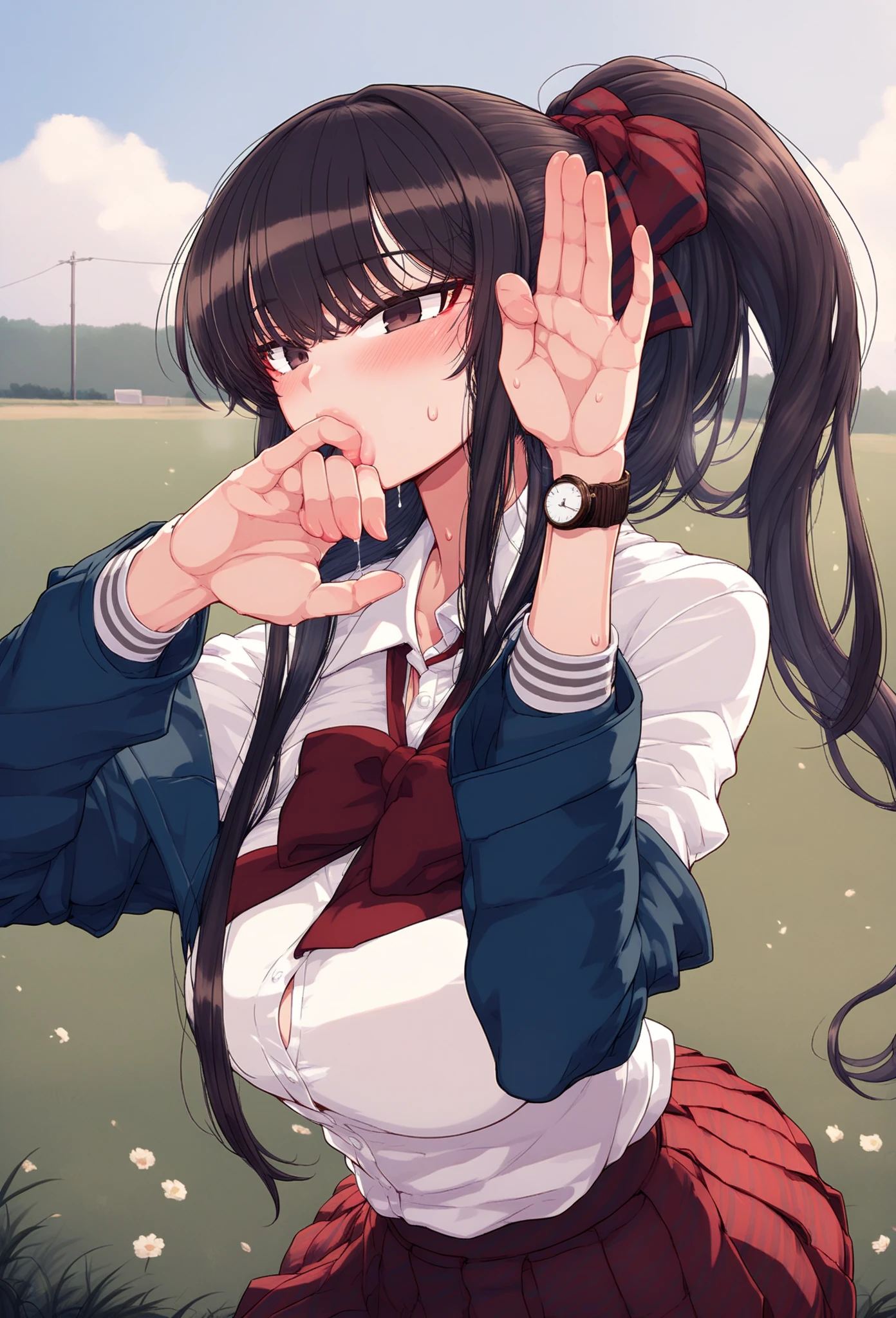 One lady,15yo student,((cum in mouth)) ,(((blushed face))), ((cum on tongue)), ((close up of face))((I'm opening my mouth)),((School uniform with open chest))ahe face