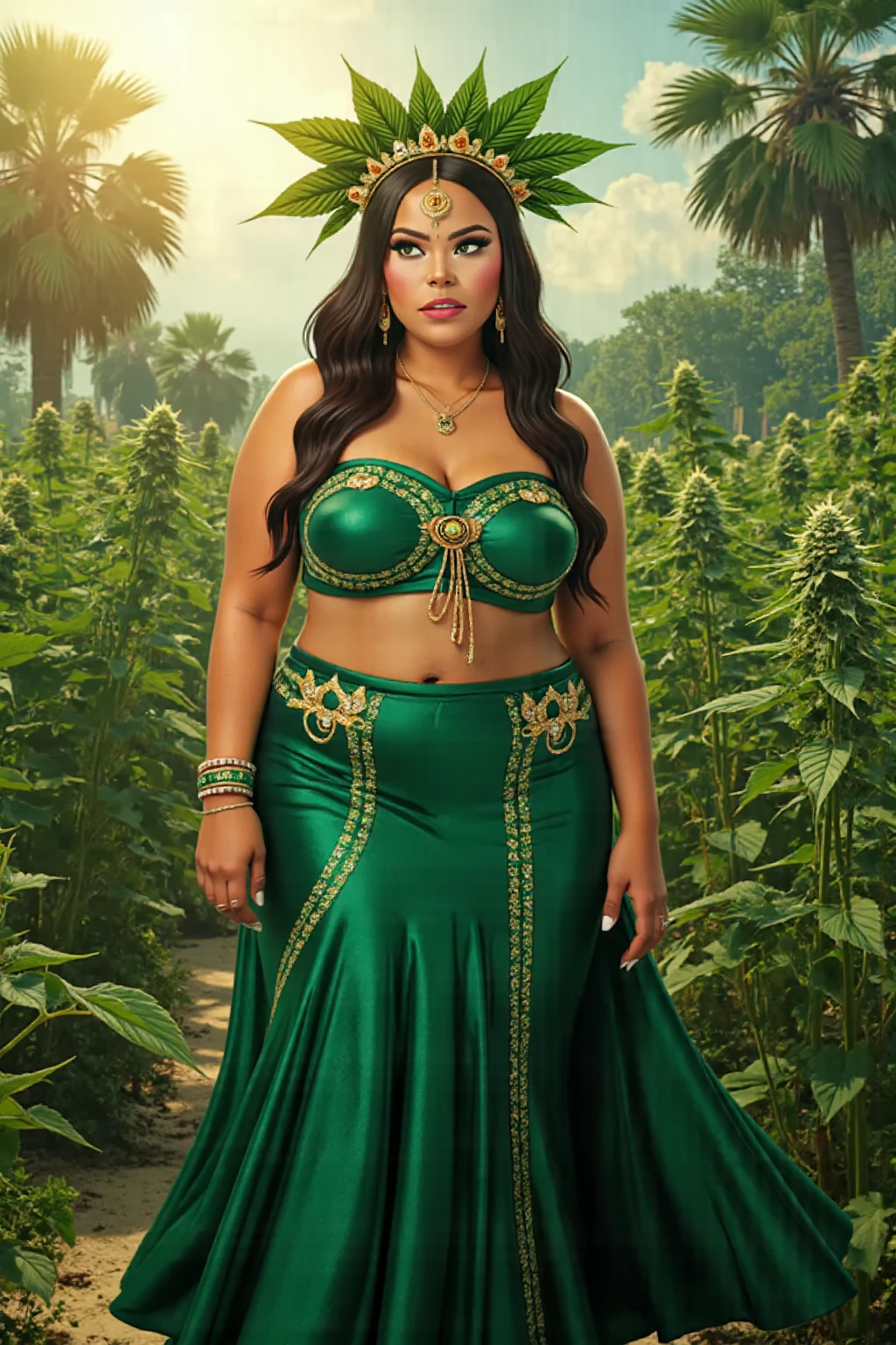 ((joyful ((chubby ((Iraqi)) girl)) with very long hair (sitting in opulent) throne while peacefully observing the sunrise, (wearing detailed sheer emerald-green negligee), (wearing antique lace necklace), (detailed cannabis flower tattoos on arms and legs), plump legs spread apart, high quality photo, outside next to flowing riverbank with incense burning and (with many potted plants during foggy sunrise)