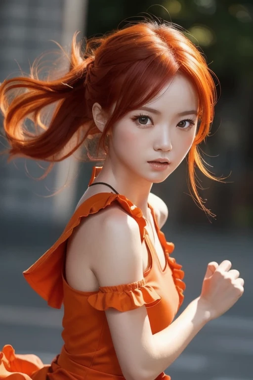 Create a photo of a super cute Asian girl, at the age of 18-20. The girl has ivory white skin, rosy and flawless, red hair, smooth, shimmering under the sunlight, with clear details. The girl's eyes are blue, almond shaped, sexy, youthful, Clear and super detailed, elegant and charming. Her makeup is sharp, authentic and eye-catching, The eyelids are delicate and perfectly beautiful. Arched eyebrows, sparse and sharp. Beautiful face, pure, beautiful like a fairy, light makeup, lovely and perfectly balanced, Beautiful down to every detail. Beautiful nose, lovely and tall, prominent cheekbones. Seductive lips, with lovely turquoise lip gloss. Bright smile, pure white teeth. The body is full of youth, Fits well with clothes. The girl wears a gorgeous dress with floral patterns, Leaves, birds and nature. The photo makes viewers feel like she is wearing a whole spring outfit, connecting legends from ancient times to the present. The photo exudes elegant beauty, Magic, nữ quyền, takes viewers into a dream where the girl is a brightly shining pearl. The background of the photo is a magical scene with bright sunlight shining through the trees, highlight the girl's beauty. Surreal details like flying lanterns, Glowing flowers and mist create a magical space, enchanting. The lighting in the scene is very special, with bright yellow sunlight illuminating the entire scene, creates a warm and magical atmosphere.