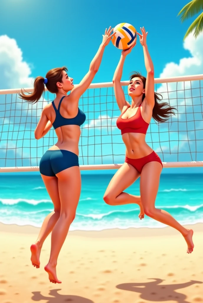 two japanese women, , beach volleyball outfit, beach volleyball court, Dubai, glad, Masterpiece artwork, high qualiy, 8k, Full HD, wallpaper, RAW