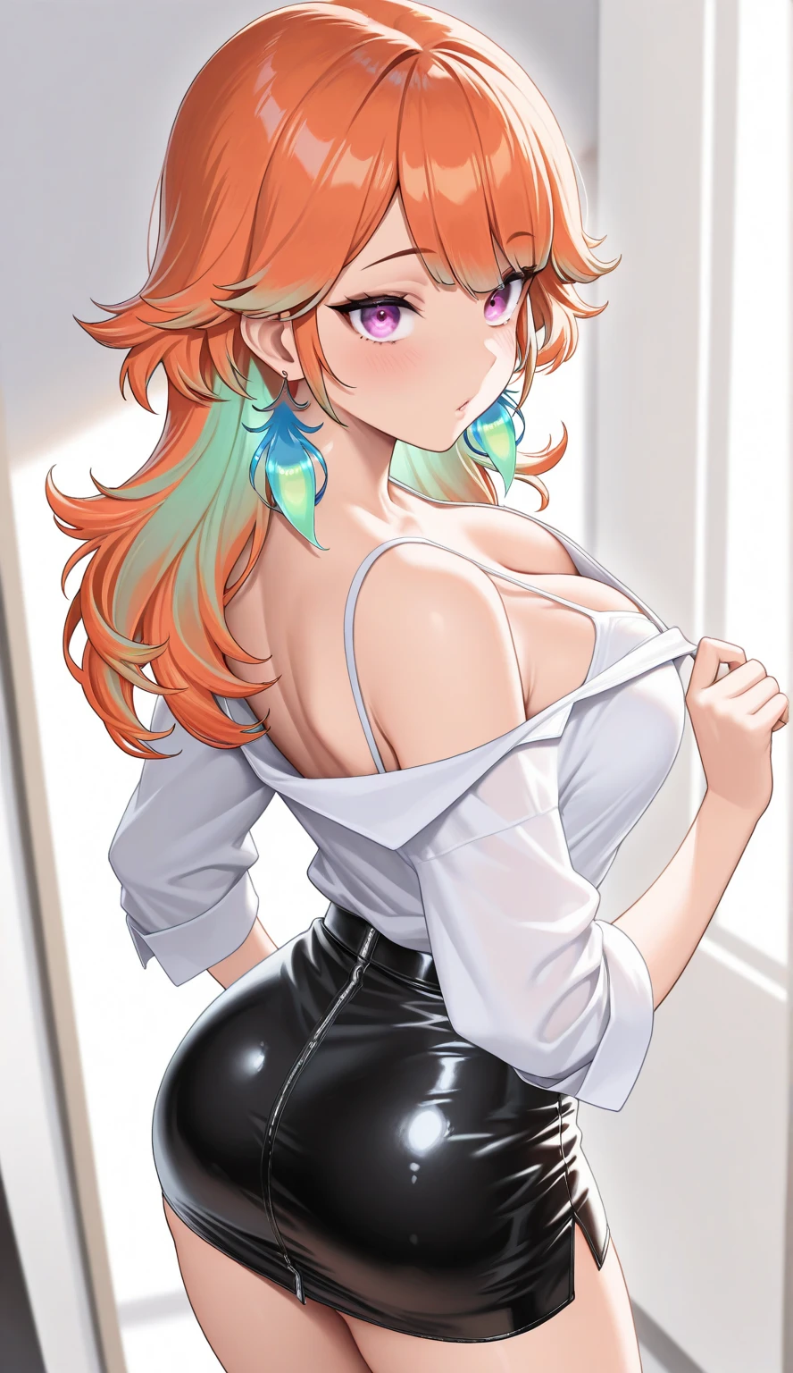 (best quality:1.5, highres, UHD, 4K, detailed lighting, shaders), pink wavy hair, gradient hair, large breasts, suit, social lomg pants, mature woman , (pov), white background, colorful eyeshadow, dramatic lighting, sparkling eyes, sensual expression, golden earrings, flowing hair, delicate facial features, soft skin, high cheekbones, urban setting, white background, dont look for the camera, lean forward. render from back,