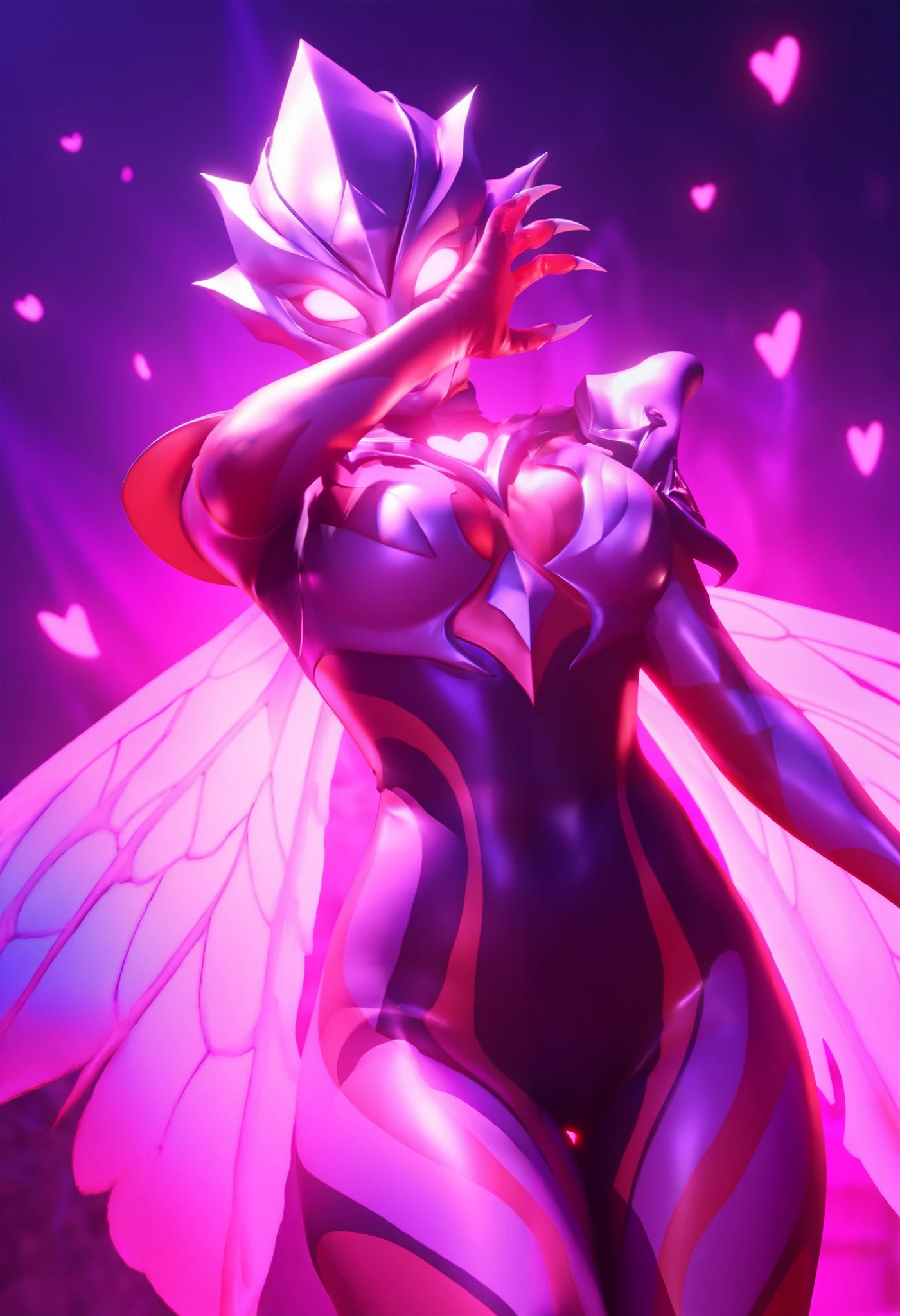 Ultraman Style Girl. Covered in black and purple skin. Pink lines. Glowing crystals on chest. Sharp claws. Firm breasts. Curved waist. Thighs. A carapace covering face. Armor-like skin. Honeycomb-patterned skin. Humanoid insect. Mosquito wings. Opal colored wings. A glowing pink heart tattoo.