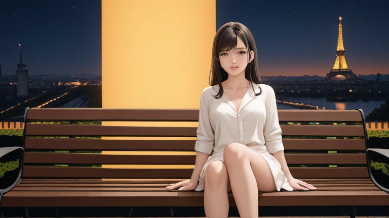 1girl,, masterpiece, illustration, dreamy, realistic, intricate details, studio photography, cinematic light, chromatic aberration, RAW, ultra high res, film grain, high saturation, high brightness, depth of field <lora:lumi2:0.5>, brown hair, small breasts, (blue eyes:0.4), city,sitting, lens flare,