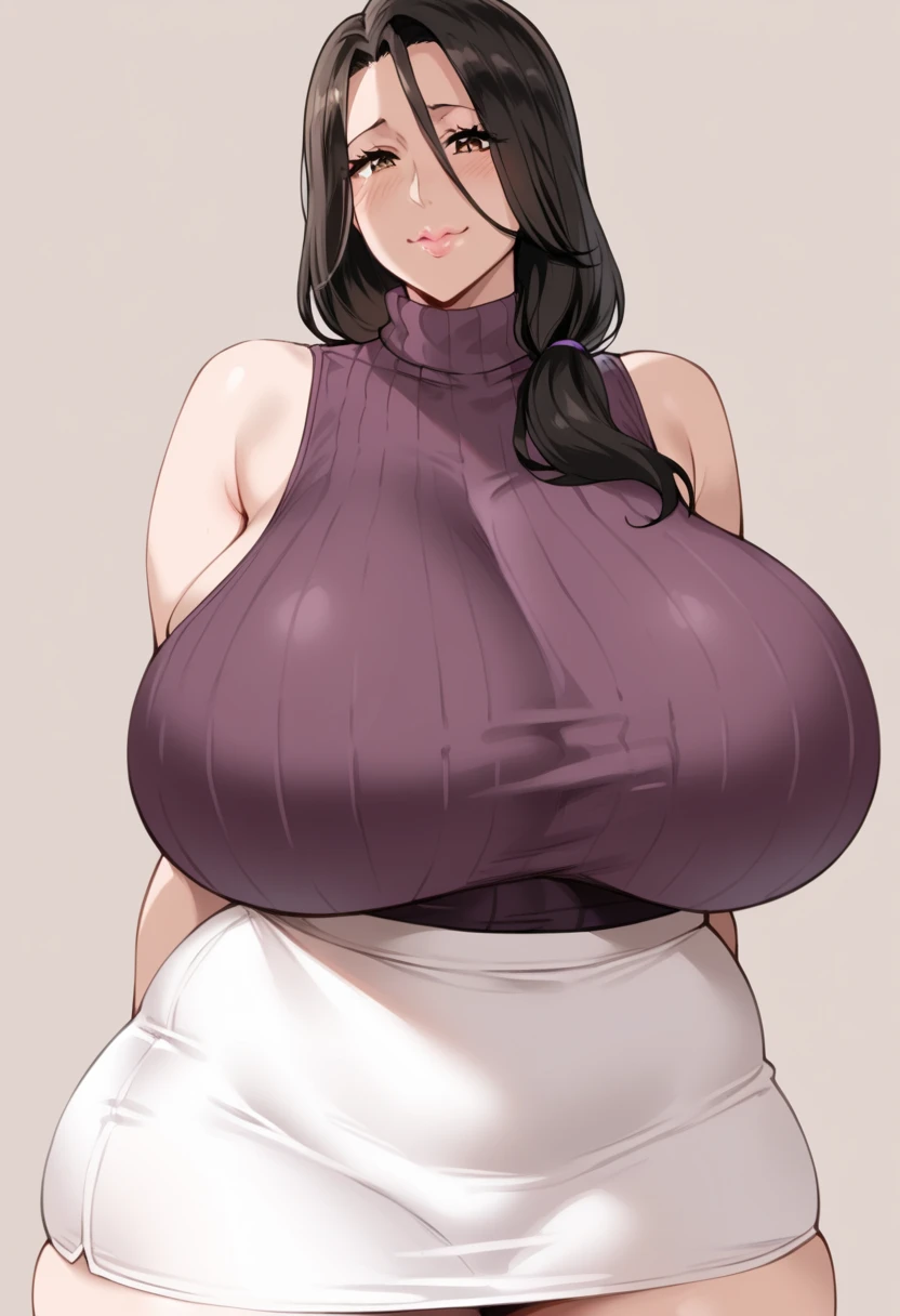 obese and thicc milf , silk waist-long dark hair , big round firm belly, purple sweater, strained pants, soft smile, motherly and nurturing, look, cute, tight clothes, tight pants, pants unbuttoned, pants unzipped, belly spilling out,pants can’t contain belly,