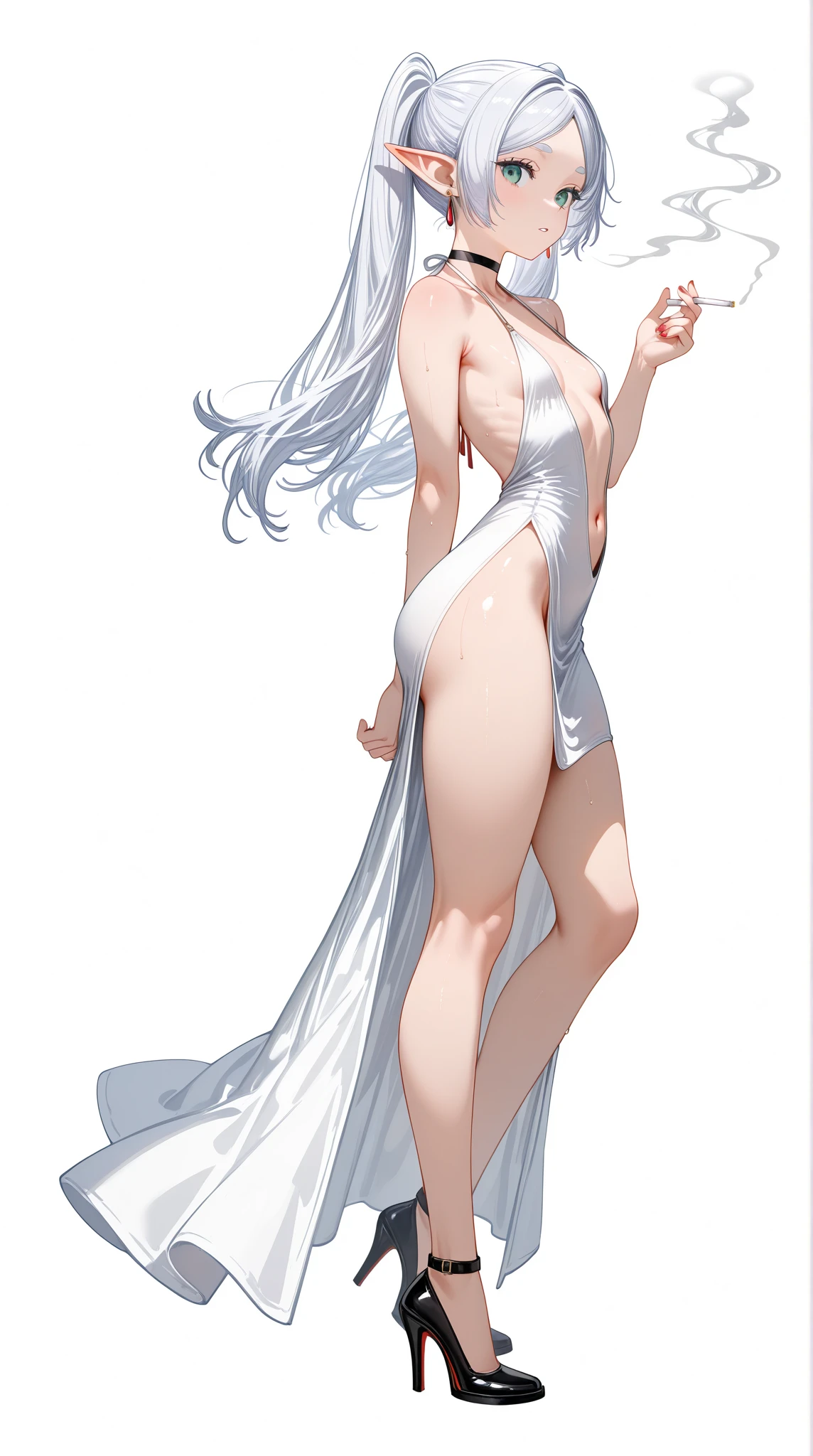 A anime girl with long white hair and blue eyes while being FULLY NAKED WITH NOTHING COVERING HER BODY WITH SPREAD WIDE OPEN LEGS