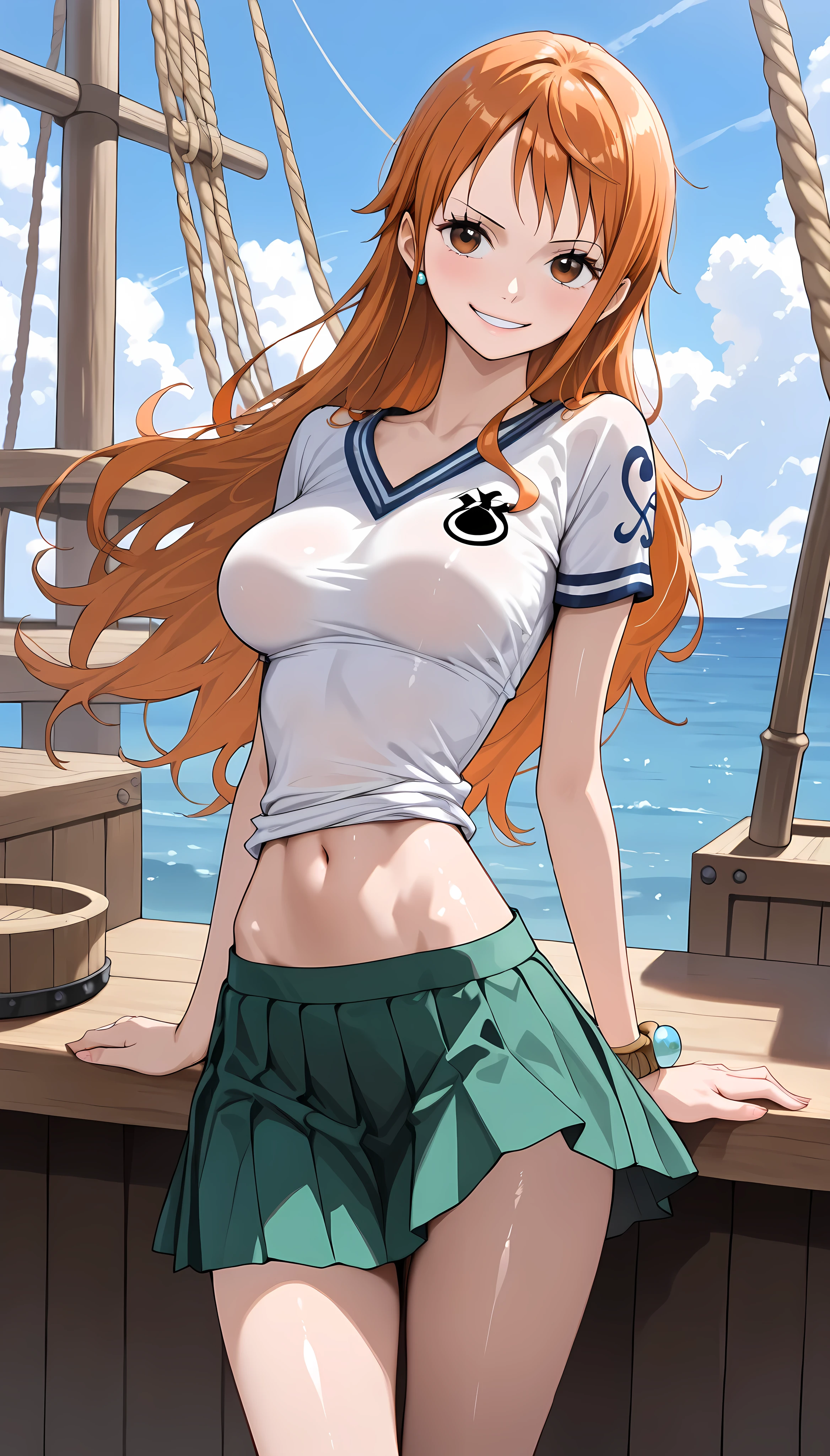 (masterpiece,best quality:1.2,amazing quality,very aesthetic,absurdres,newest,realistic),(nami),one piece,1woman,(very small head:1.2),(ideal ratio body proportions:1.2,slender body:1.2,skinny:1.2),medium breasts,long hair,smile,shiny skin,white shirt,green pleated miniskirt,the deck,wind,the pirate ship