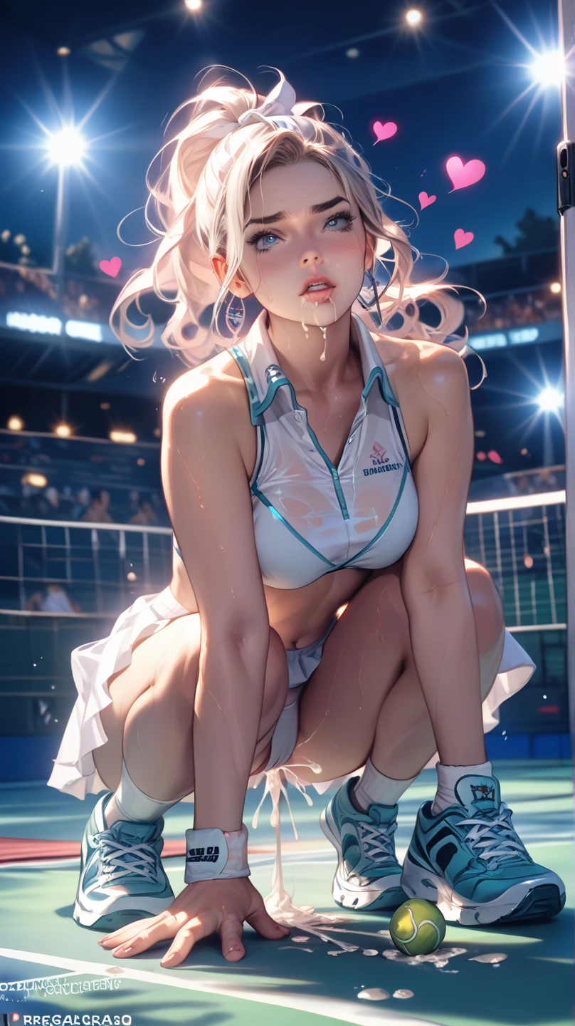((top-quality)), ((masterpiece)), Pitch Resuit、Colossal tits:1.4、Adult Woman、Puffy nipple、tennis uniform 、sobbing tears、 see -through、kneehighs white、panty shot、(cum in pussy vaginal:1.2)、cum in mouth.、stadium、crowd、Being watched、(G-string :1.3)、Tennis match 、Holding a tennis racket、lift Skirt