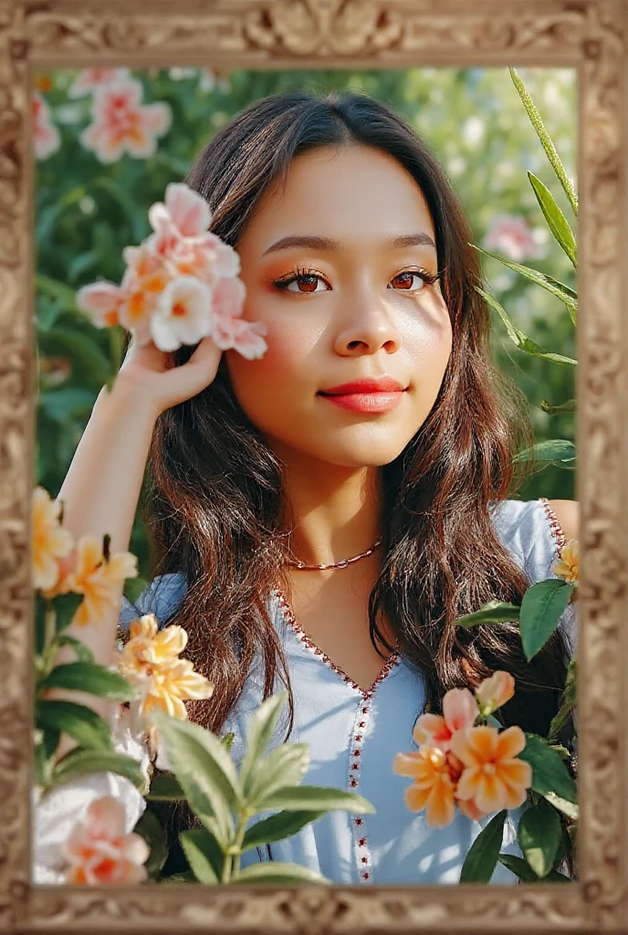 (High quality photo:1.5), 1women, a 25y pretty dayak woman with a warm expression wearing a beauty floral headpiece, sit astride on a wood stool, in grey slipdress, chubby, perfect hairstyle, natural face, natural warm soft light, (sexy pose:1.2), nature abstract art background, still life fashion photography, dramatic, real moment, real object, (ultra highly detailed:1.5), (ultra realistic:1.5), detailed face and eyes, (real skin:1.3), shadow, (full body shot:1.3), (dynamic angle:1.4), soft focus, shot by mamiya R67, kodacrhome, dynamic composition