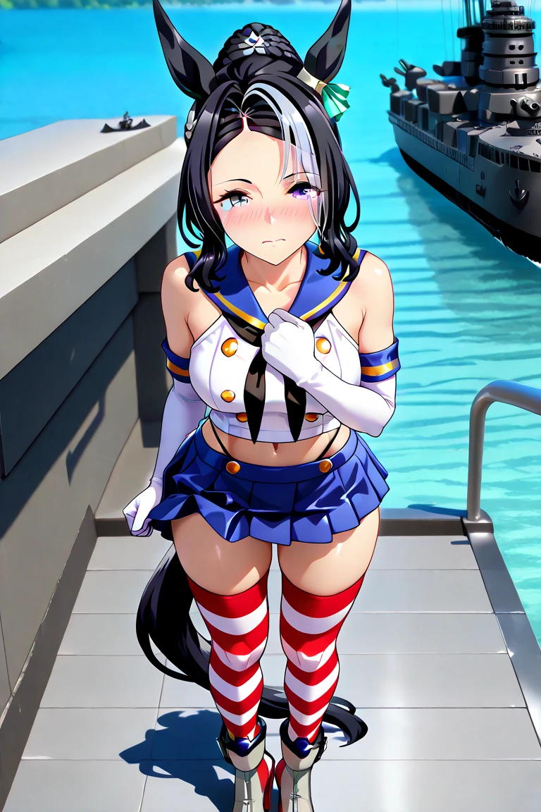 1 girl, hands on belt, black hair,blue eyes,(blush:1.1), wearing blue leotard, red jacket, white gloves, white shoes, white belt, medium breasts, ((heavy breathing:1.3)),thicc, happy, smile, sit on park, view from behind