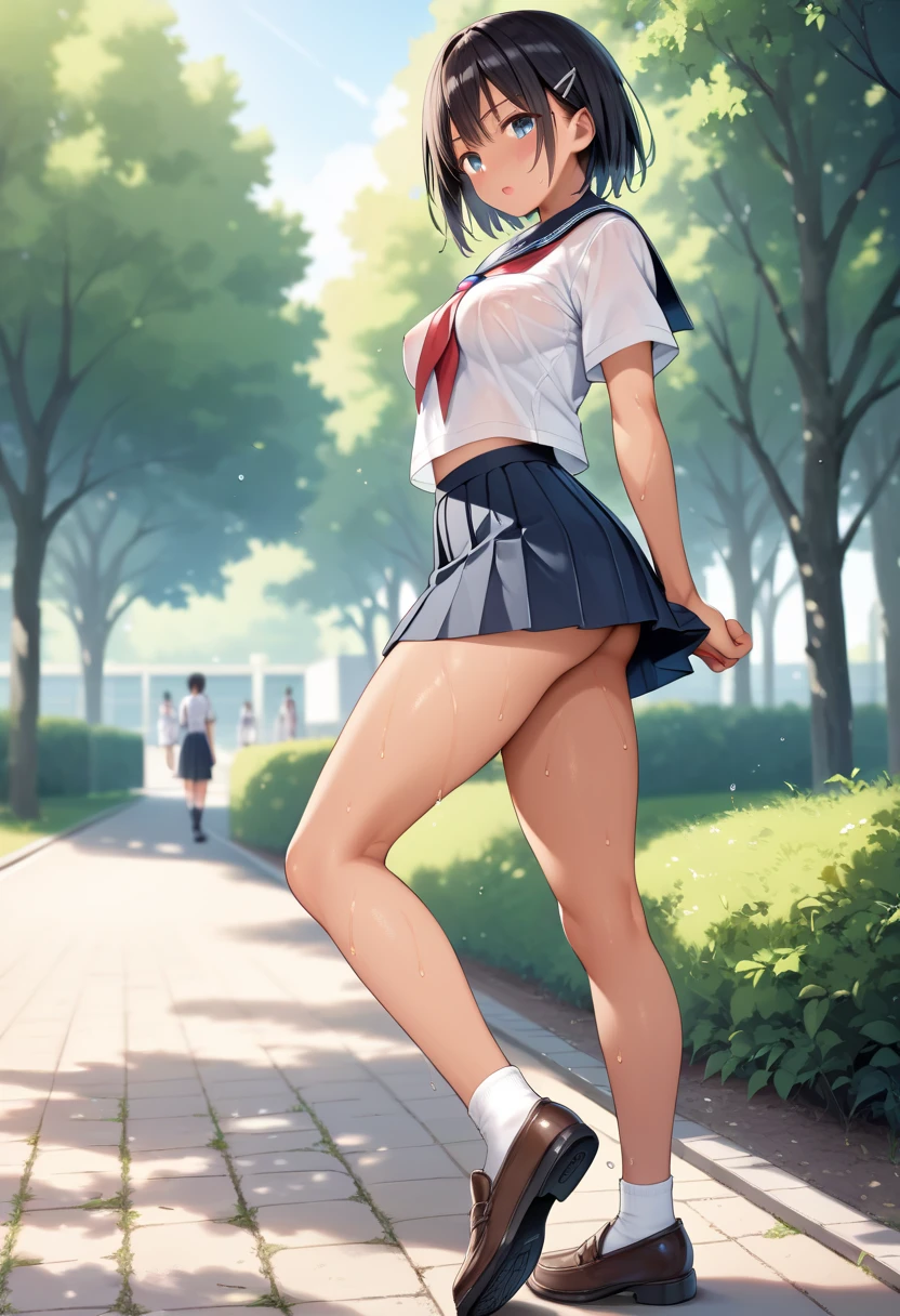Masterpiece, top quality, high resolution, highly detailed, from below, girl, 1 person, (smile), cute, medium breasts, short hair, black hair, (white polo shirt: 1.2), (pink pleated skirt: 1.3), (visor), (golf course)