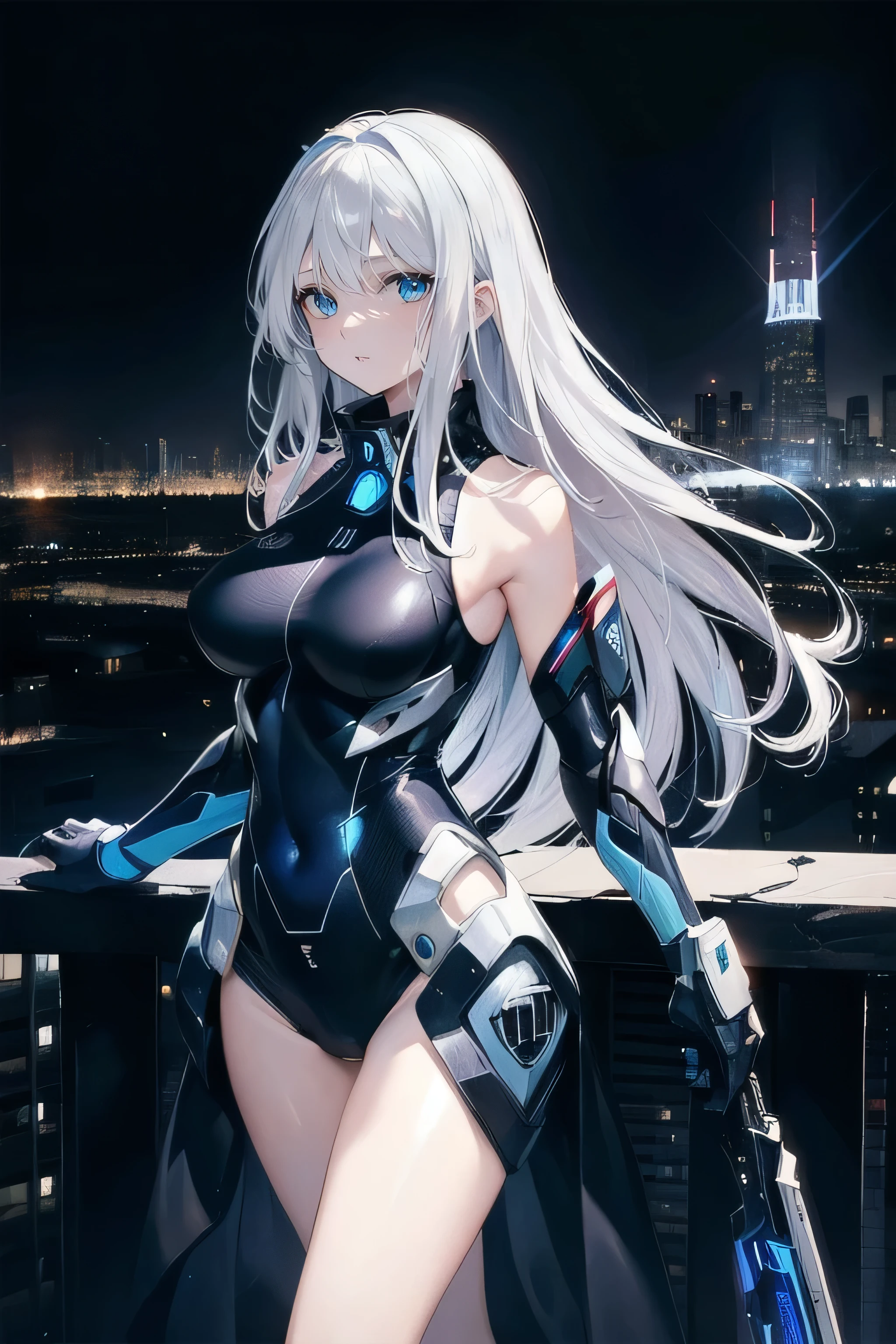 (masterpiece), (best quality), ultra detailed, finely detailed color, cenematic painting, (Top image quality), (Ultra Detailed), (Facing forward), top quality, masterpiece, (((only 1 girl))), Silver Hair, white hair, ((Long hair)), (deep blue eyes:1.6), night, urban, ((holding cybernetic weapon)), ((high leg)), ((bare legs)), ((sleeveless)), battle suit, bodysuit, mecha suit, black suit, skyline, ((city background:1.2))