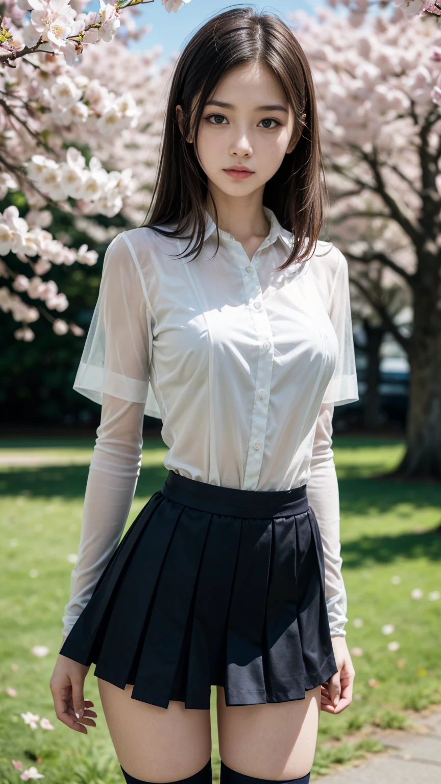 Reality, high resolution, Soft Light,1 Woman, Solitary, Hips up, View Viewer, (Delicate face), big long hair,Bun hairstyle,braid, Rainy Day, lying on the grass, Looking from the bottom up , secretary_summer shirt, Black skirt, Pantyhose, , spread your legs:1.5, Look under the skirt, See panties,No underwear, Pantyhose, wet shirt、Point on chest、See-through breasts、Showing nipples.