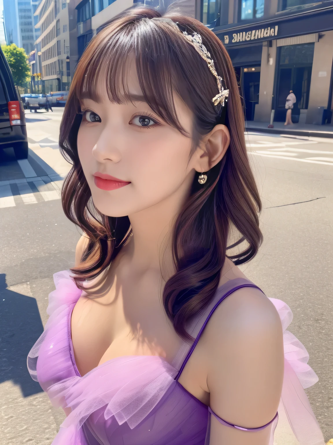 (RAW Photos, highest quality), (Realistic, Photorealistic:1.4), (Masterpiece), (Highest quality), High resolution, 8K resolution, (Intricate details), Portrait, 1 woman, 30 years old, long Hair, Layered Hair, Brown Hair, Highly detailed eyes, Very thin eyebrows, Highly detailed skin, Highly detailed mouth, Highly detailed nose, Cute like an idol, Slender body, smile, ((Pink lipstick)), (An elegant and transparent Deep purple see through short sleeved dress : 1.3), ((Random Body Orientation)), Sunny day cityscape background, ((waist shot)),