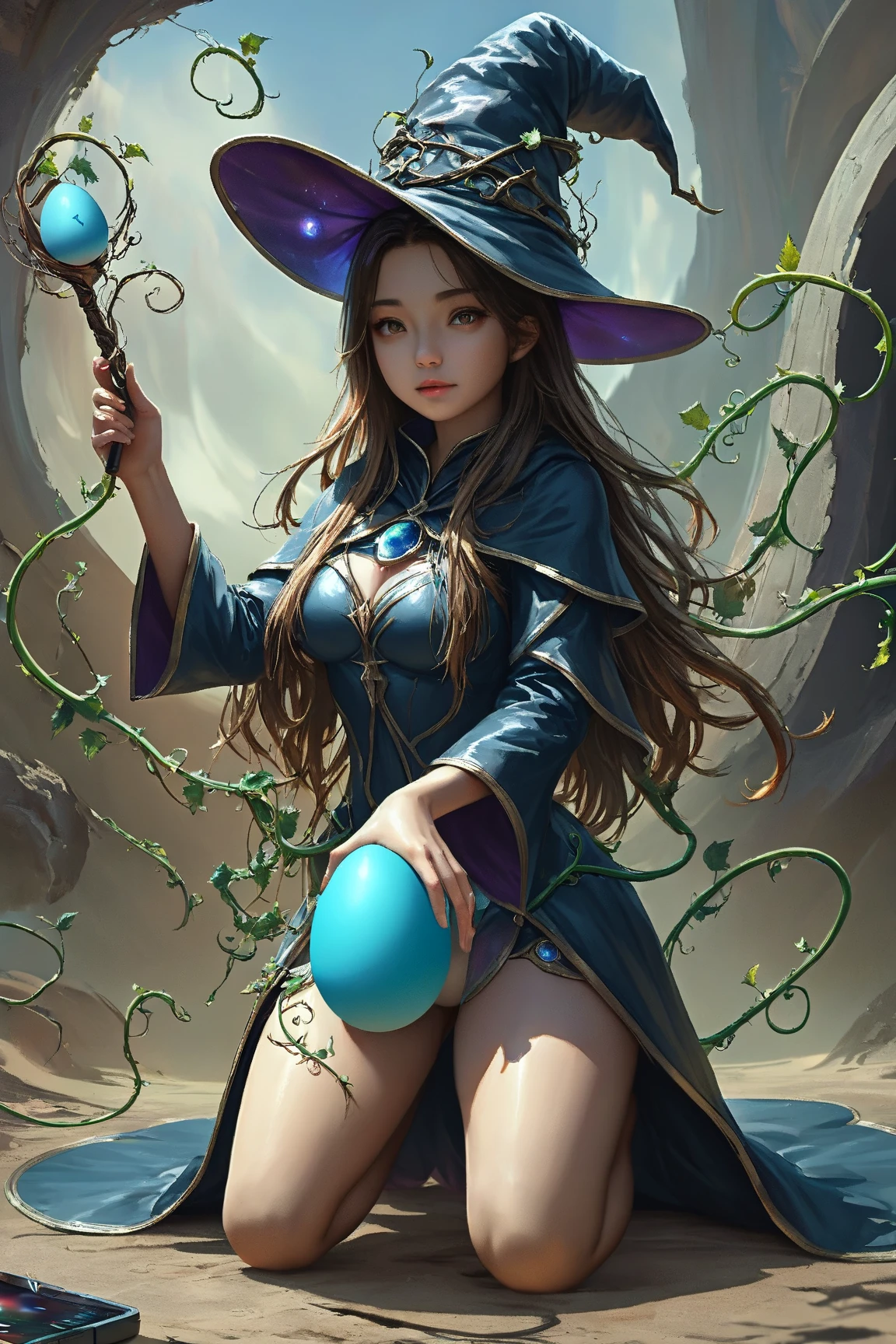 Middle-aged woman with oriental features, Sorceress with crystal ball with blue flame in one hand and a magic staff in the other hand with fire spells. mulher de corpo inteiro. Lilac and gold clothes, witch hat. noite fria, starly sky, lua grande, lugar montanhoso. mulher linda. Roupa com detalhes dourado. Non-ordinary clothes.