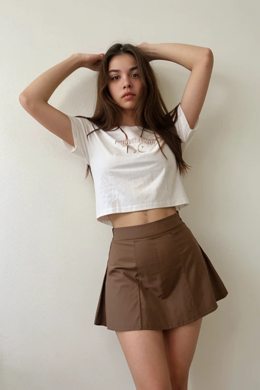 Thick brunette, skirt, outside , crop top