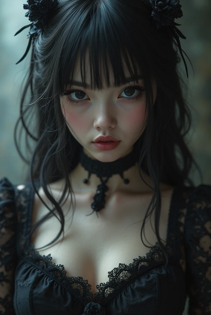 Beautiful young Japanese goth girl, young gothic girl, 18 years of age, short black dress with plunging neckline, dark hair in pigtails with dark lilac highlights, pale skin, white skin, flat chest, small breasts, facing front on to camera, pouting lips, slim waist, toned belly, soft skin, lots of make up, full length high quality image, very realistic, realistic image, atunning Japanese babe from Okinawa