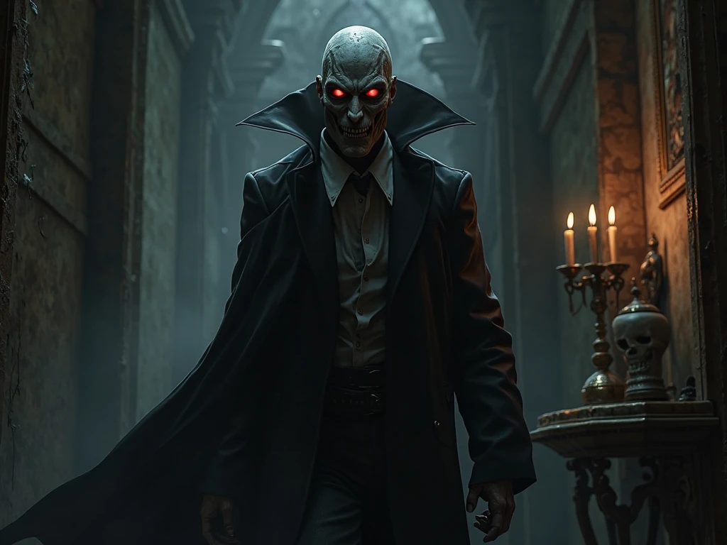 style realistic cinematic. A vampire with a slender frame, his pale skin almost glowing in the moonlight, stands atop a pile of . His shaved head and thick black beard give him a menacing appearance, as he surveys his domain with a cold, calculating gaze. --auto --s2