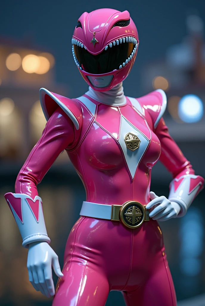 Tabletop, Super Detail, highest quality, High resolution, , ((Anatomically correct)), Power Ranger, ((One Girl)), (alone), Full-face helmet with no exposed face, Pink full body suit, Micro Bikini,Long gloves and boots are white, (Very shiny helmet), kick, Action pose, Combat pose, Huge breasts,Big Ass