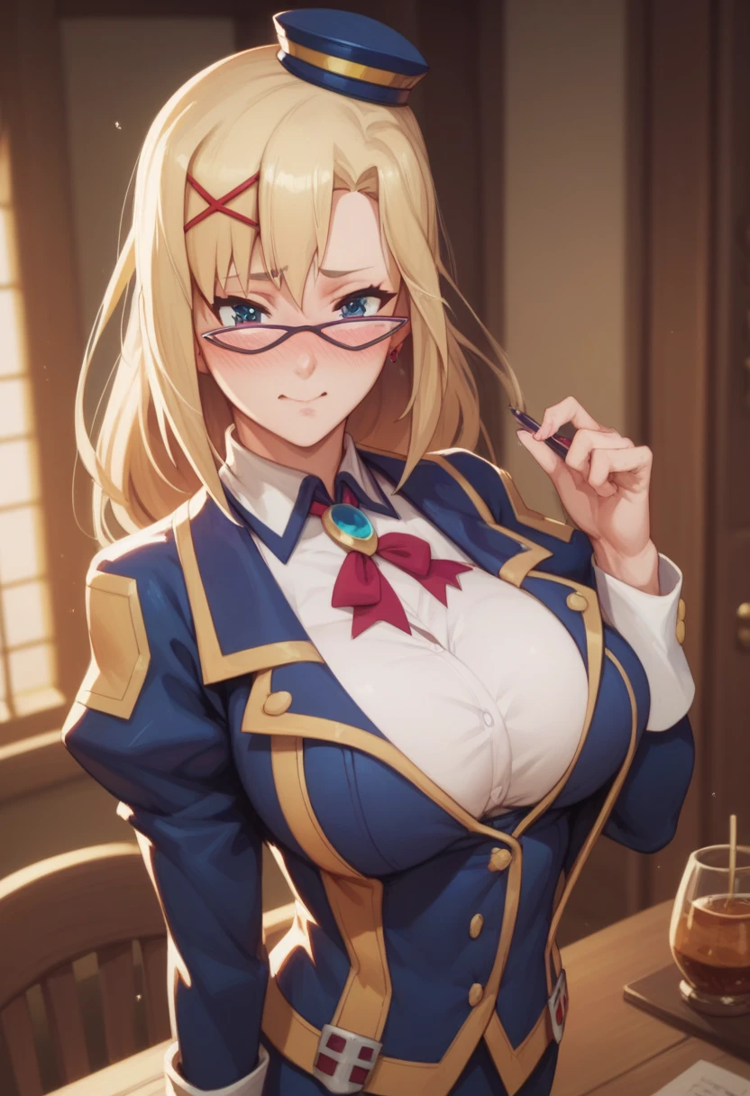 elvirafriedmann, <lora:elvira friedmann s1-lora-nochekaiser:1>,
elvira friedmann, blonde hair, (brown eyes:1.5), multicolored hair, glasses, hair bun, streaked hair, single hair bun, smile,
BREAK gloves, cleavage, collarbone, belt, coat, furtrim,
BREAK indoors, office,
BREAK looking at viewer, dynamic pose,
BREAK <lyco:GoodHands-beta2:1>, (masterpiece:1.2), best quality, high resolution, unity 8k wallpaper, (illustration:0.8), (beautiful detailed eyes:1.6), extremely detailed face, perfect lighting, extremely detailed CG, (perfect hands, perfect anatomy),