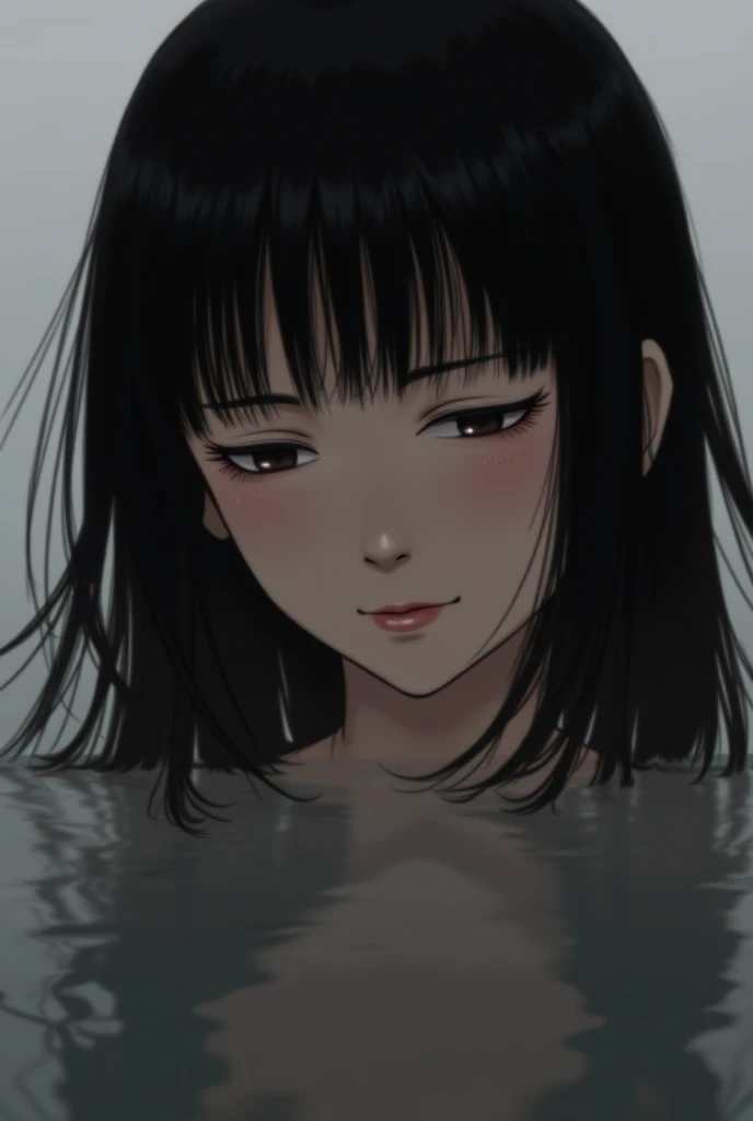 a long black silky haired vietnamese woman is taking a bath