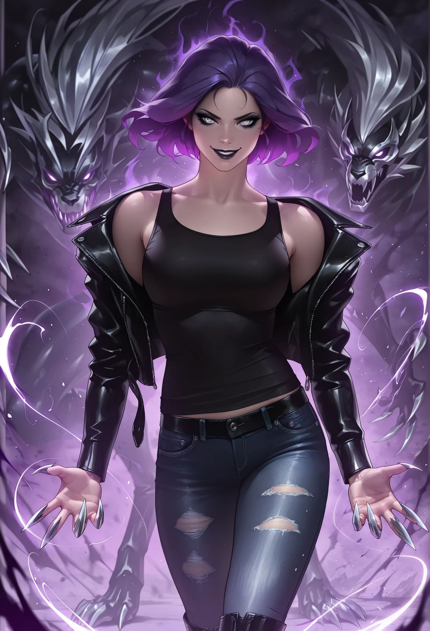 masterpiece, best quality, amazing quality, newest, very aesthetic, 1girl,Image is a digital illustration featuring a wickedly grinning woman with striking violet hair, silver eyes, and bold emo makeup stands clad in a black leather jacket, tank top, jeans, and boots. Silver claws protrude between her fingers, reminiscent of a character from X-Men. This captivating image, reminiscent of a high-quality painting, expertly captures her dark aura and dangerous allure. Every detail, from her menacing smile to the shimmering silver claws, is depicted with vividness and precision, drawing viewers into her mysterious and enigmatic presence.